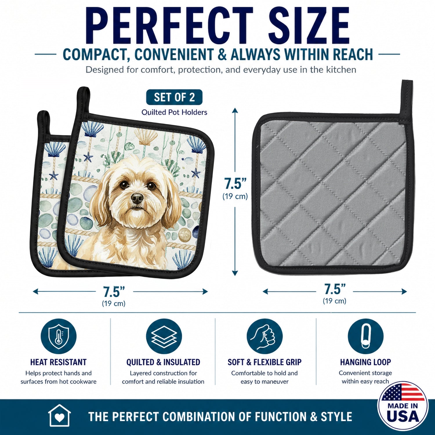 Cream Lhasa Apso Coastal Sea Glass Pot Holder Set of 2 Heat Resistant Quilted Hot Pads 7.5 x 7.5 Inch, Insulated Kitchen Trivets for Cooking & Baking