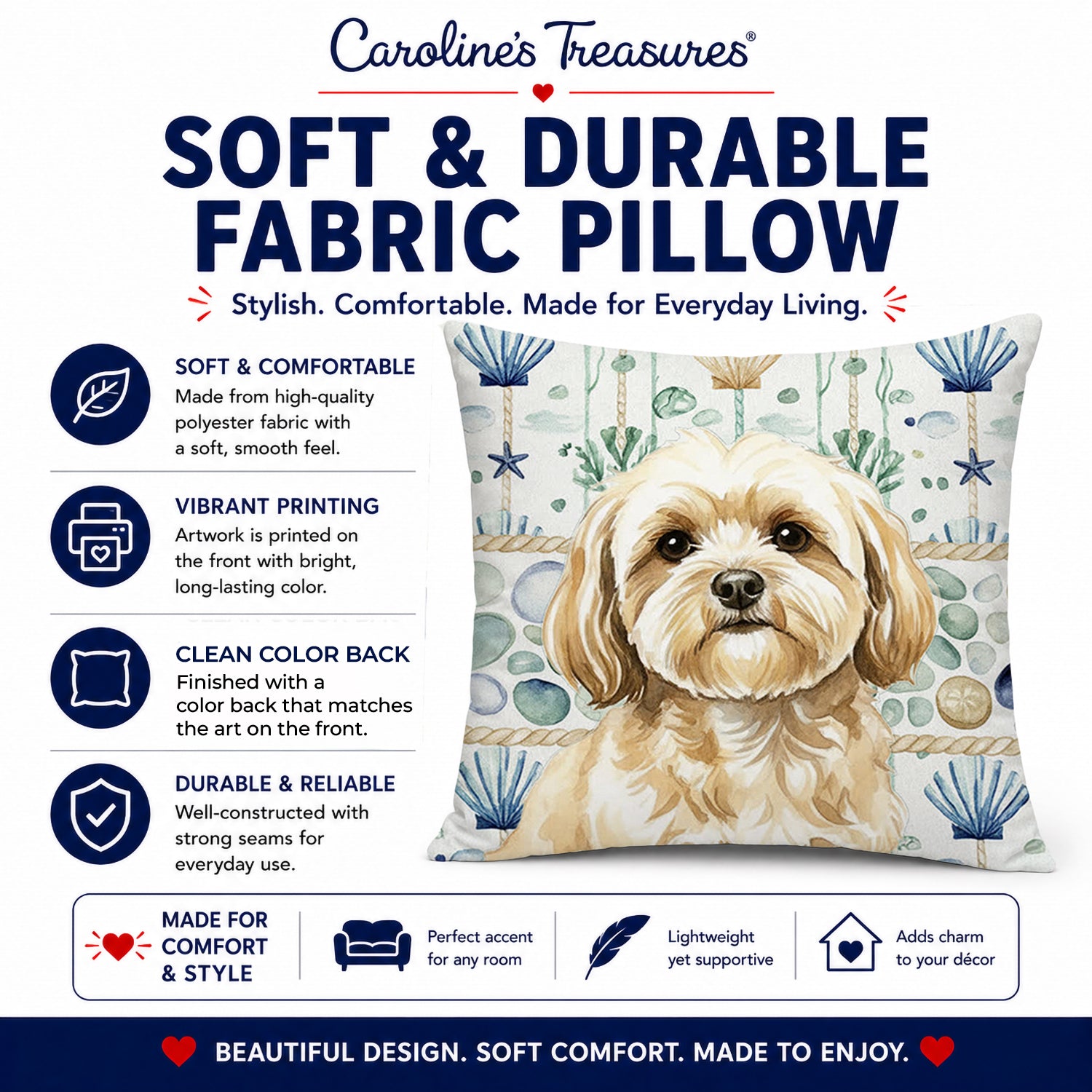 Cream Lhasa Apso Coastal Sea Glass Decorative Throw Pillow 14x14 Indoor Outdoor Accent Cushion, Fabric Cover with Insert for Sofa, Bed, Porch & Living Room