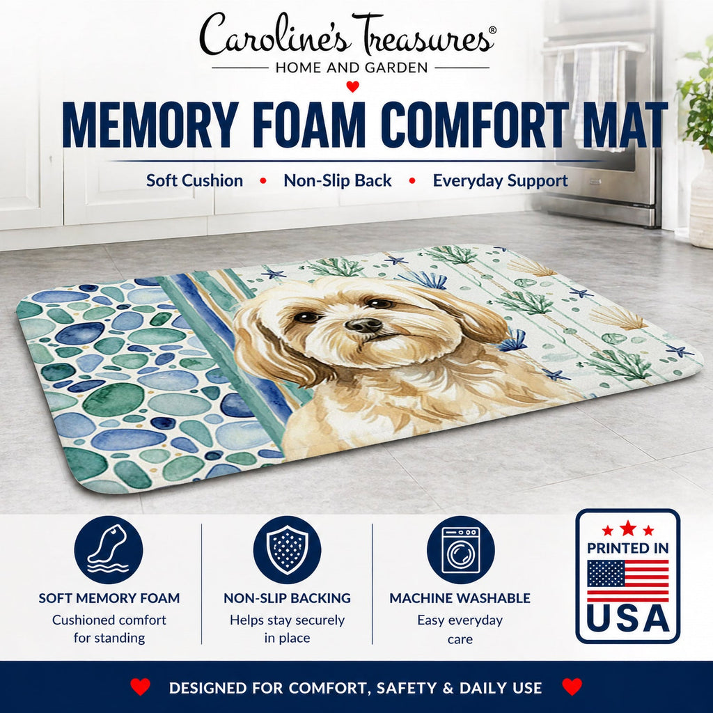 Cream Lhasa Apso Coastal Sea Glass Memory Foam Kitchen Mat Machine Washable Anti-Fatigue Cushion Comfort Bath or Kitchen Rug