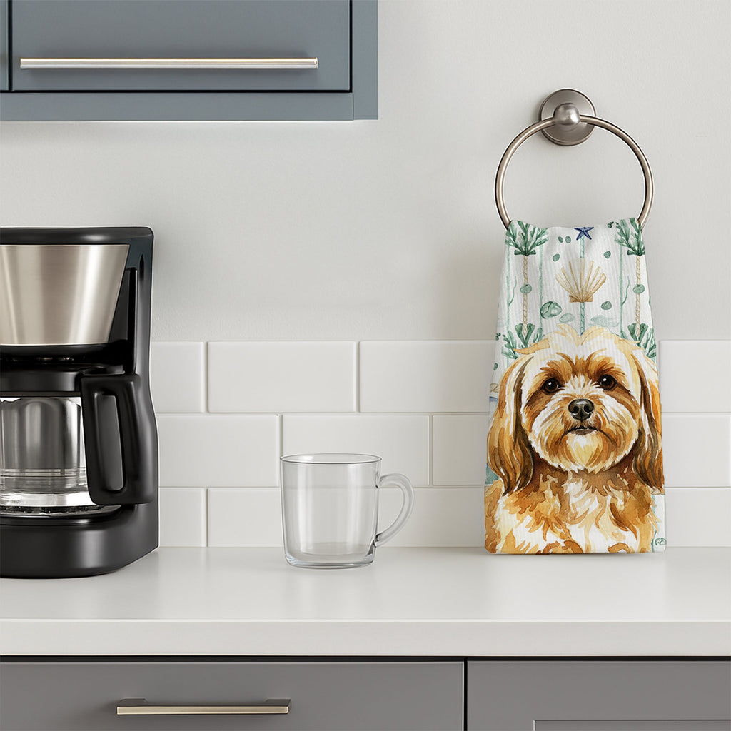 Gold Lhasa Apso Coastal Sea Glass Kitchen Towel Velour Plush Front and Cotton Loop Back Machine Washable