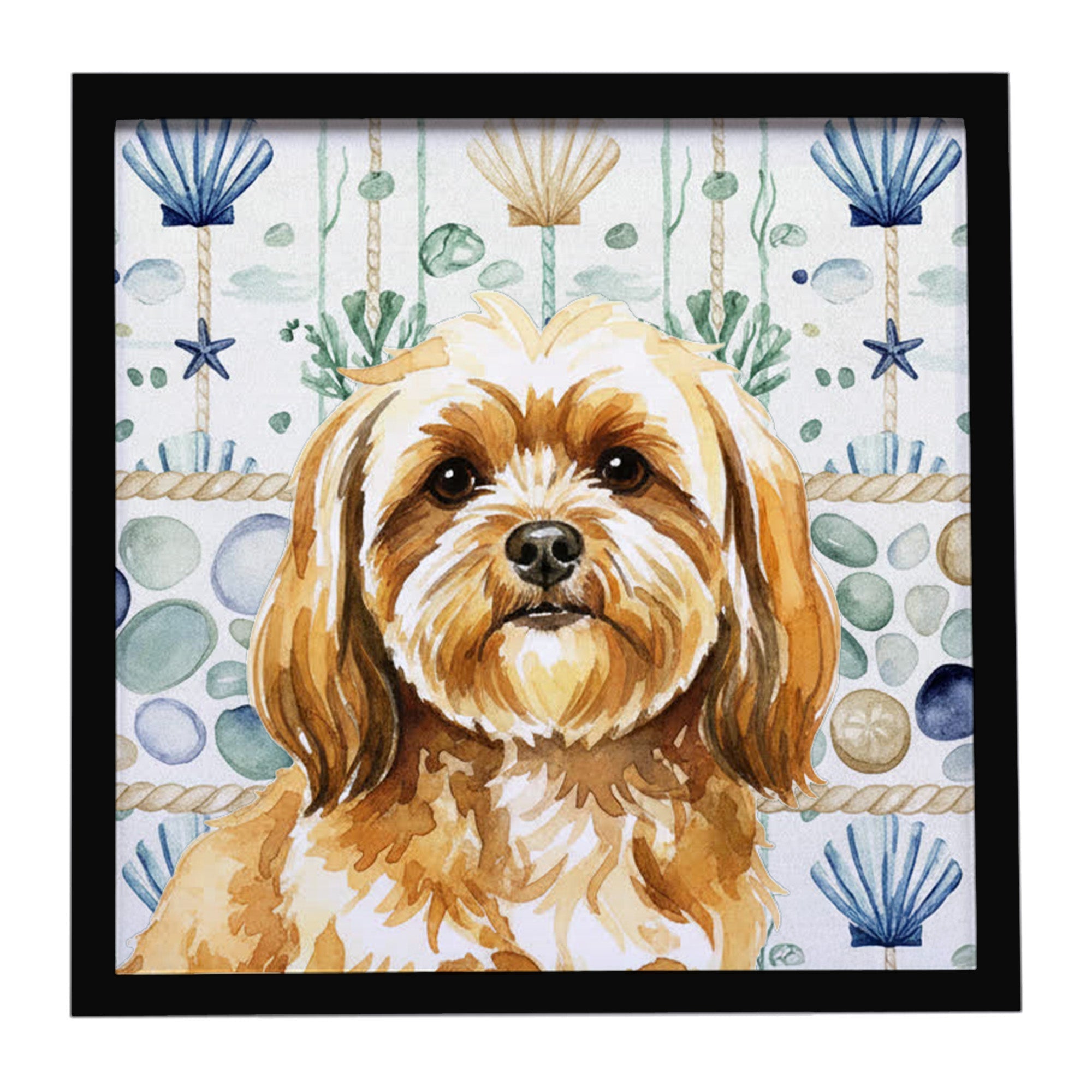 Gold Lhasa Apso Coastal Sea Glass Framed Metal Print Bathroom, Kitchen, Office, Home Decor Wall Art Ready to Hang, Square, 8X8