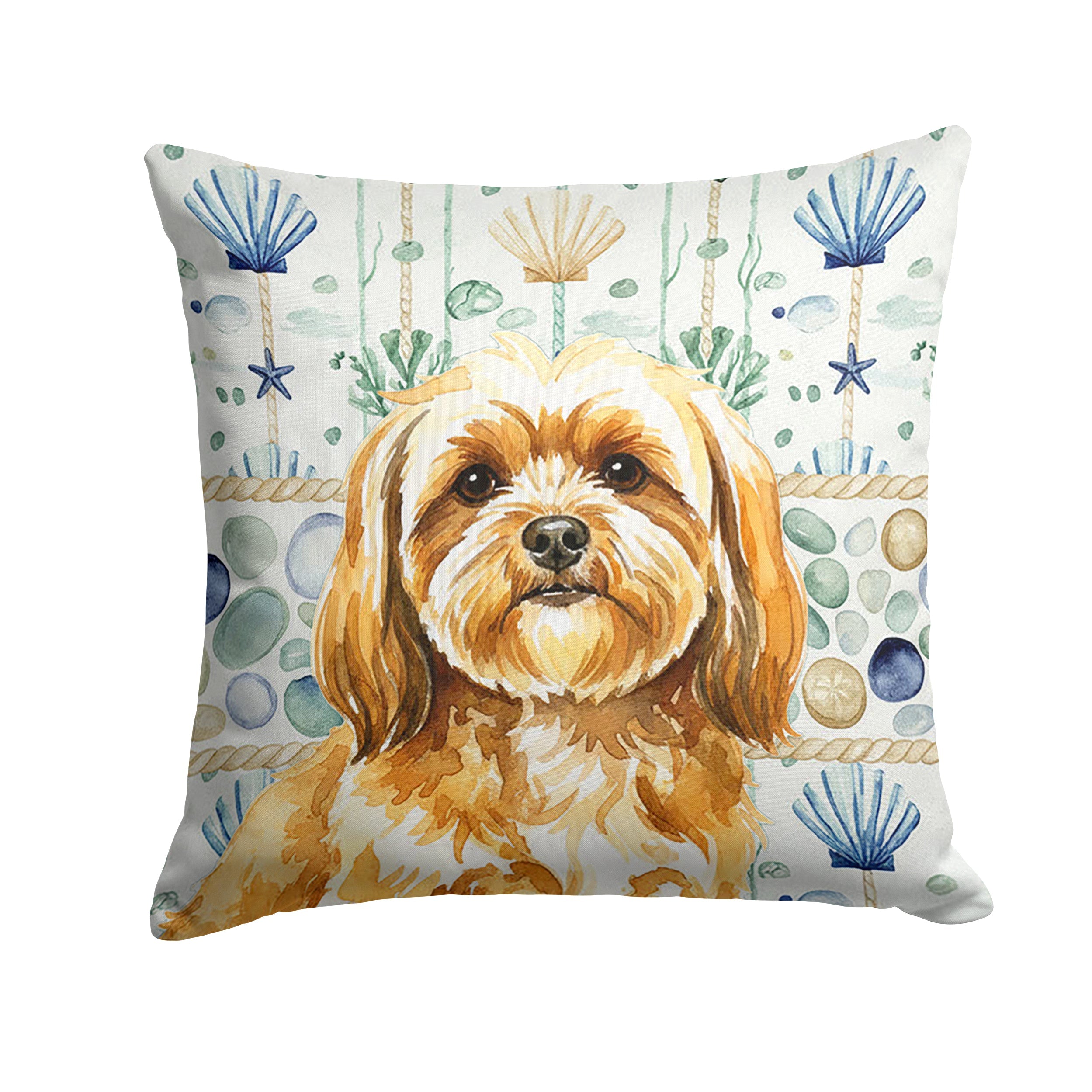 Gold Lhasa Apso Coastal Sea Glass Decorative Throw Pillow 18x18 Indoor Outdoor Accent Cushion, Fabric Cover with Insert for Sofa, Bed, Porch & Living Room