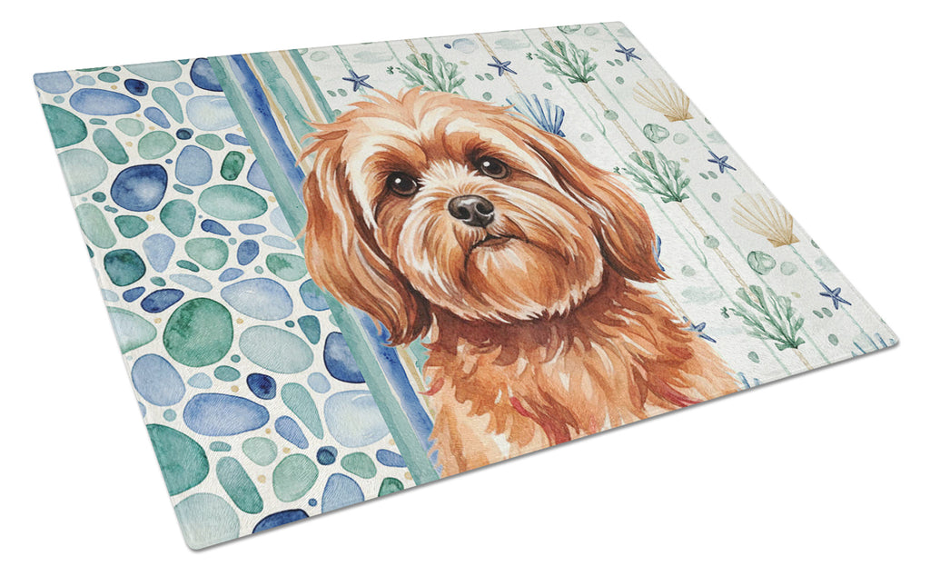 Red Lhasa Apso Coastal Sea Glass Cutting Board Tempered Glass Kitchen Cutting Surface, Heat Resistant Chopping, Non-Slip Feet, Food Prep & Serving