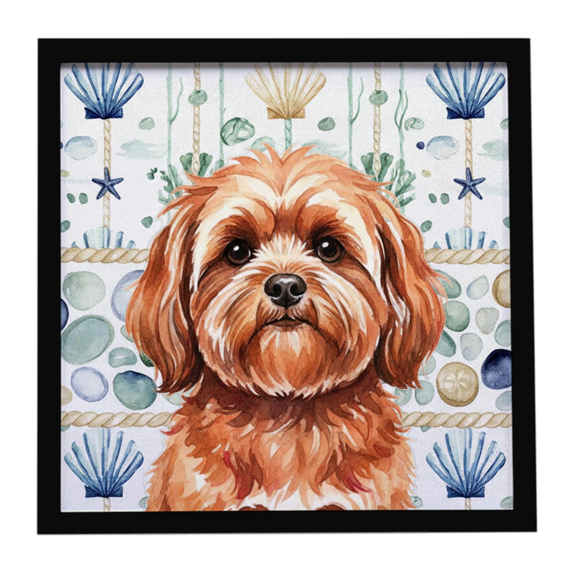 Red Lhasa Apso Coastal Sea Glass Framed Metal Print Bathroom, Kitchen, Office, Home Decor Wall Art Ready to Hang, Square, 8X8