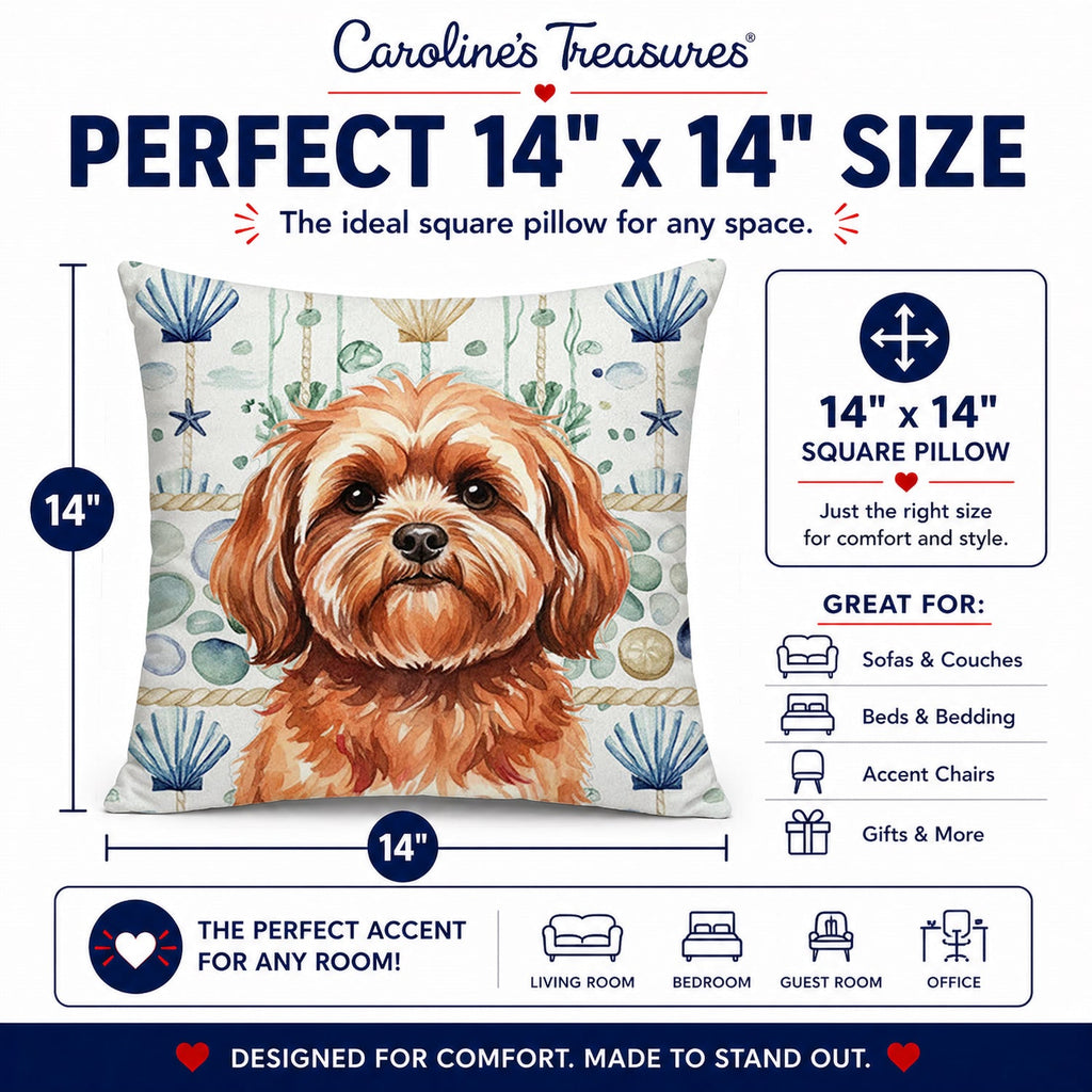 Red Lhasa Apso Coastal Sea Glass Decorative Throw Pillow 14x14 Indoor Outdoor Accent Cushion, Fabric Cover with Insert for Sofa, Bed, Porch & Living Room