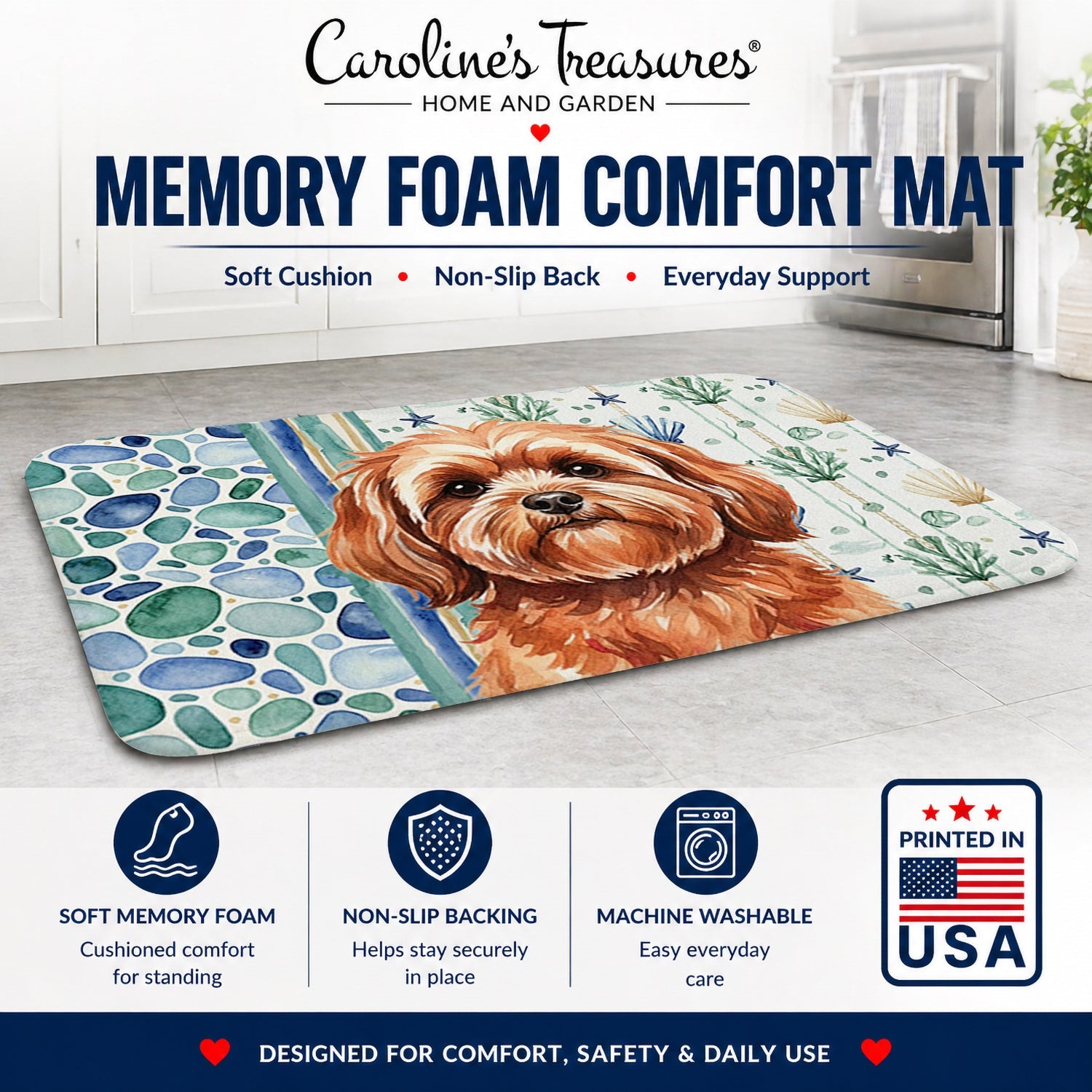 Red Lhasa Apso Coastal Sea Glass Memory Foam Kitchen Mat Machine Washable Anti-Fatigue Cushion Comfort Bath or Kitchen Rug