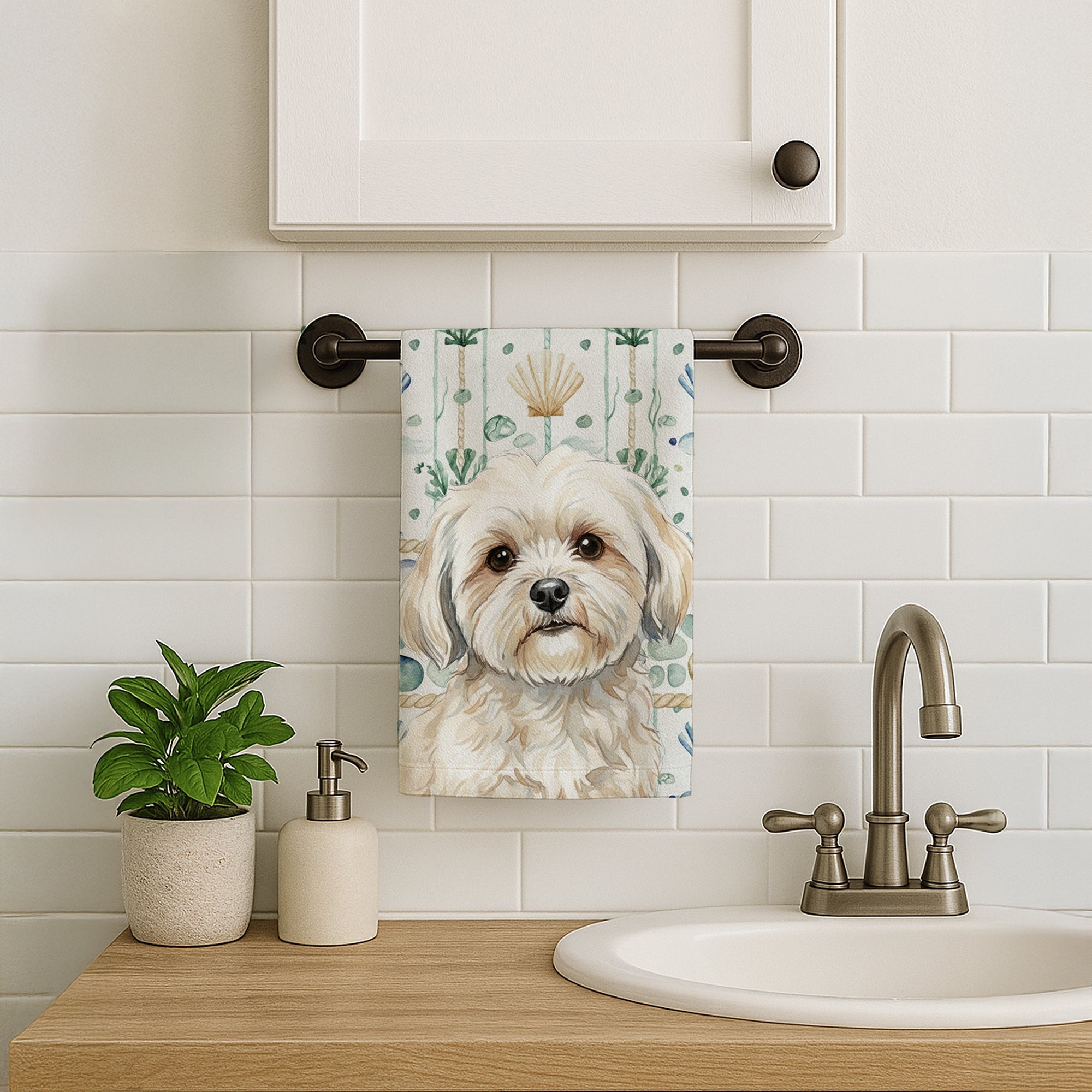 White Lhasa Apso Coastal Sea Glass Kitchen Towel Velour Plush Front and Cotton Loop Back Machine Washable