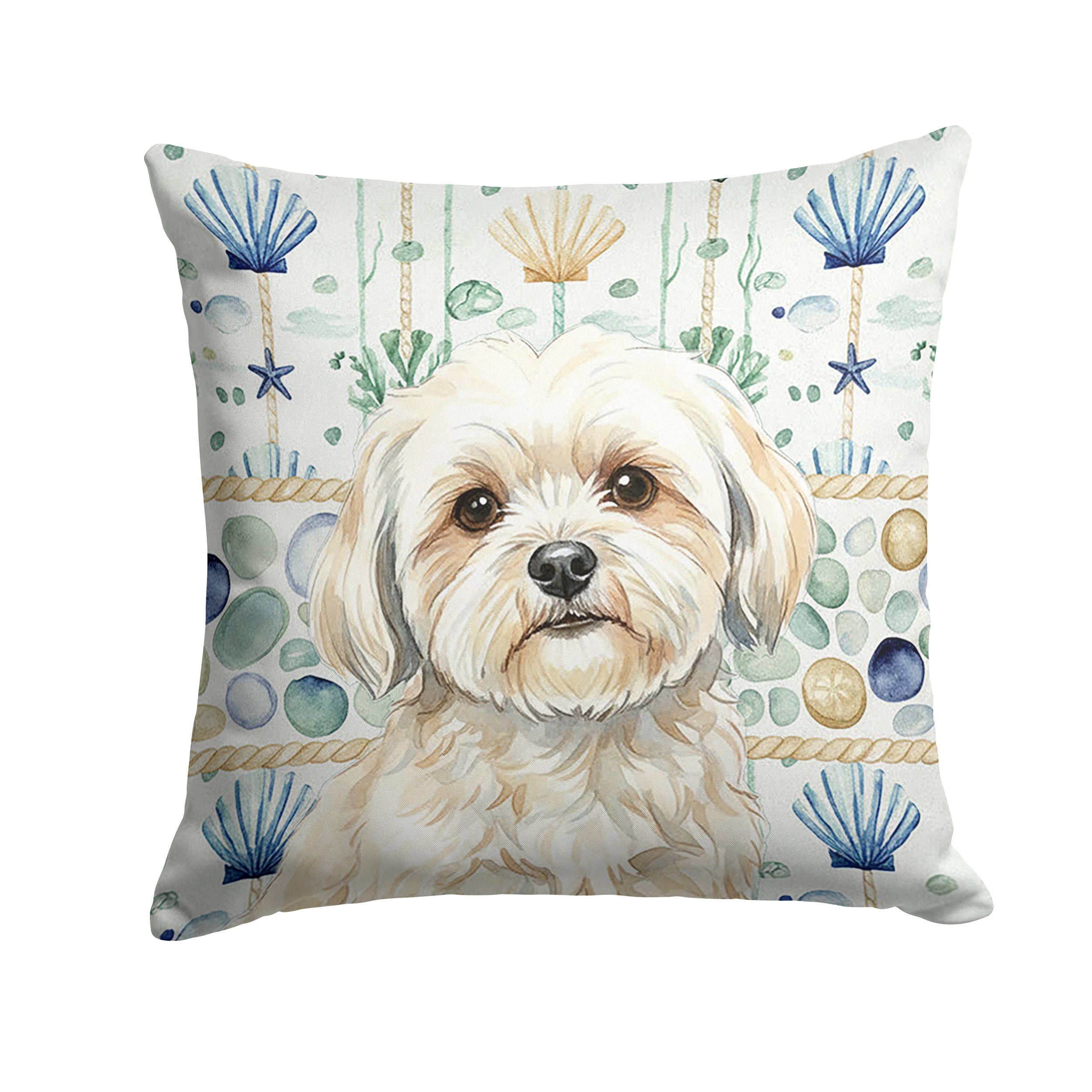White Lhasa Apso Coastal Sea Glass Decorative Throw Pillow 14x14 Indoor Outdoor Accent Cushion, Fabric Cover with Insert for Sofa, Bed, Porch & Living Room