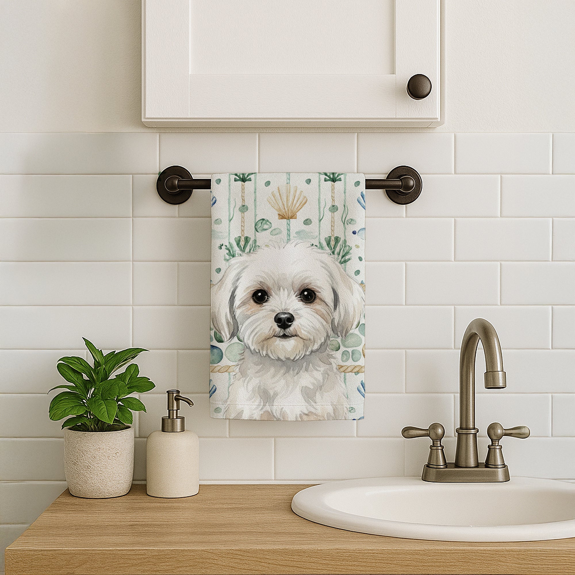Maltese Coastal Sea Glass Kitchen Towel Velour Plush Front and Cotton Loop Back Machine Washable