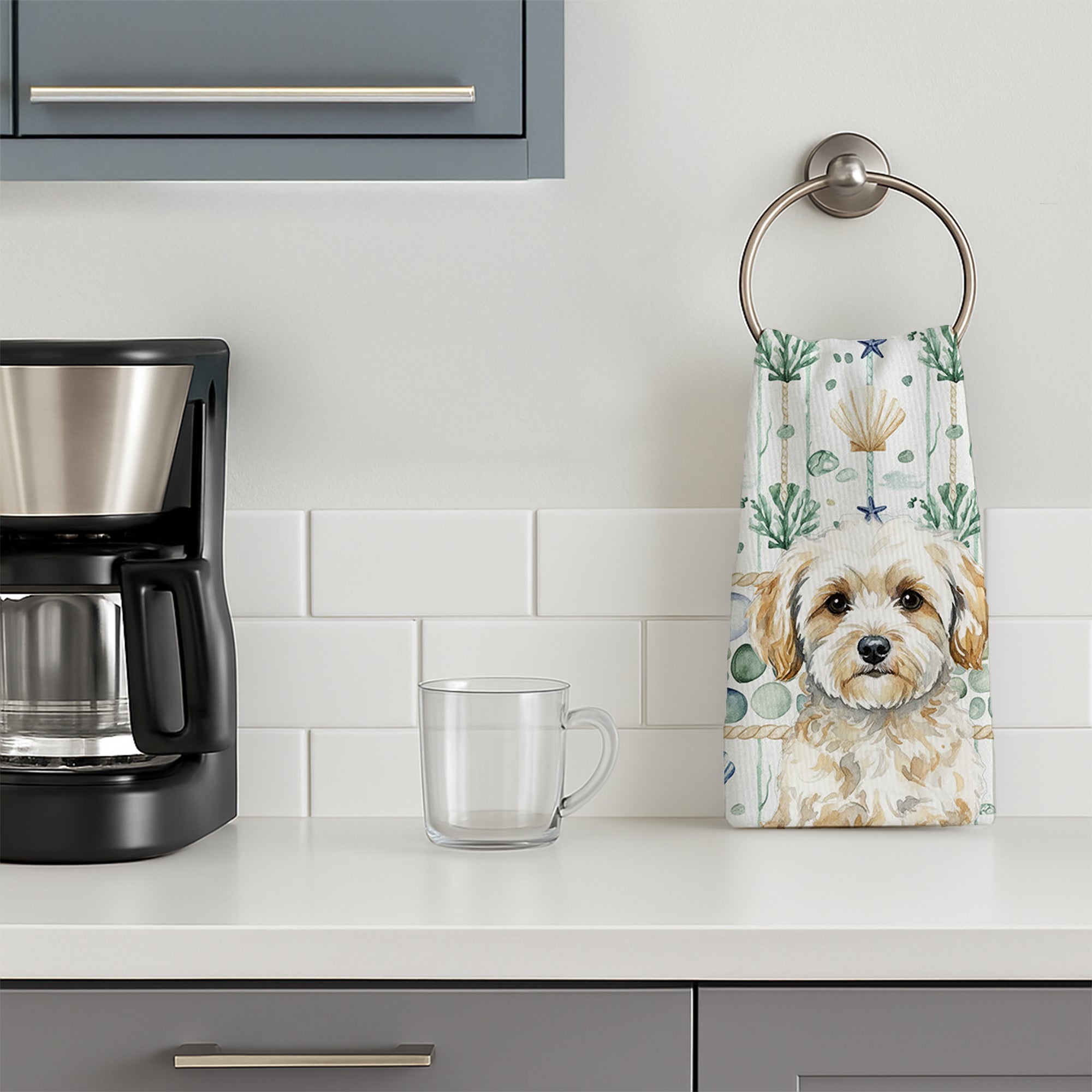 Maltipoo Coastal Sea Glass Kitchen Towel Velour Plush Front and Cotton Loop Back Machine Washable