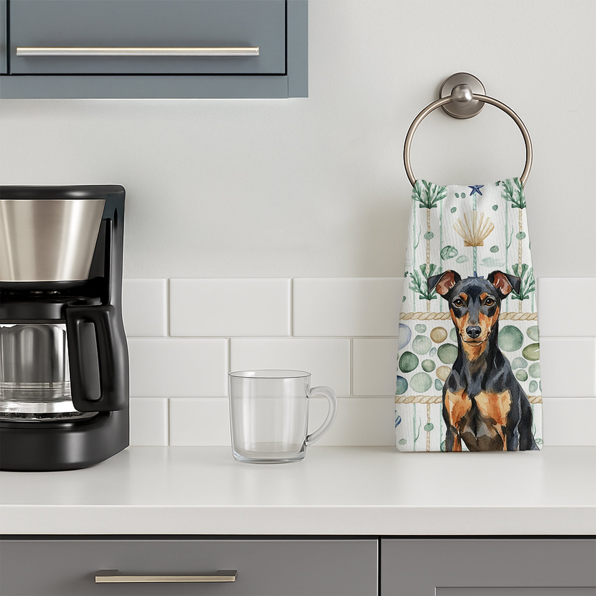 Manchester Terrier Coastal Sea Glass Kitchen Towel Velour Plush Front and Cotton Loop Back Machine Washable
