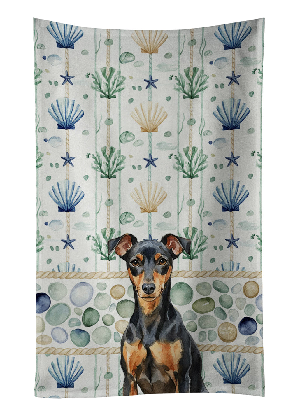 Manchester Terrier Coastal Sea Glass Kitchen Towel Velour Plush Front and Cotton Loop Back Machine Washable