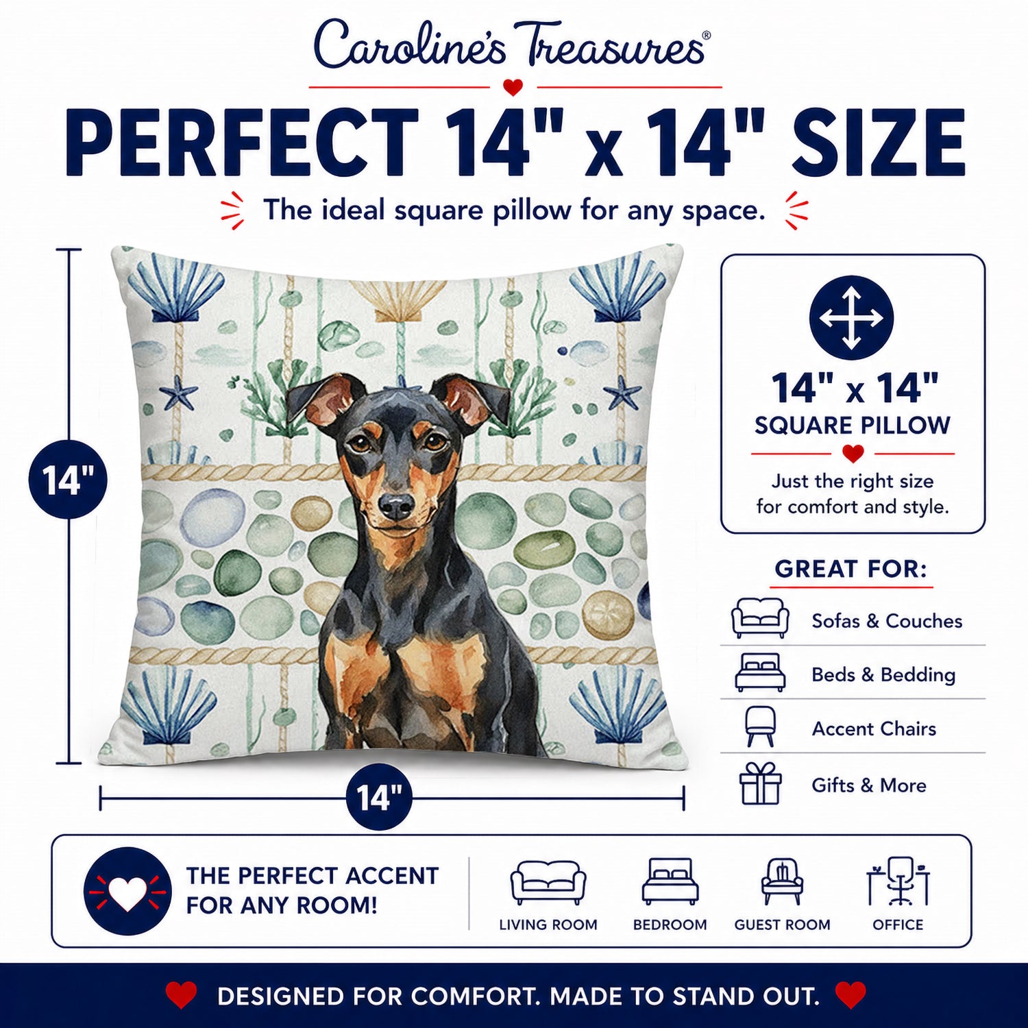 Manchester Terrier Coastal Sea Glass Decorative Throw Pillow 14x14 Indoor Outdoor Accent Cushion, Fabric Cover with Insert for Sofa, Bed, Porch & Living Room