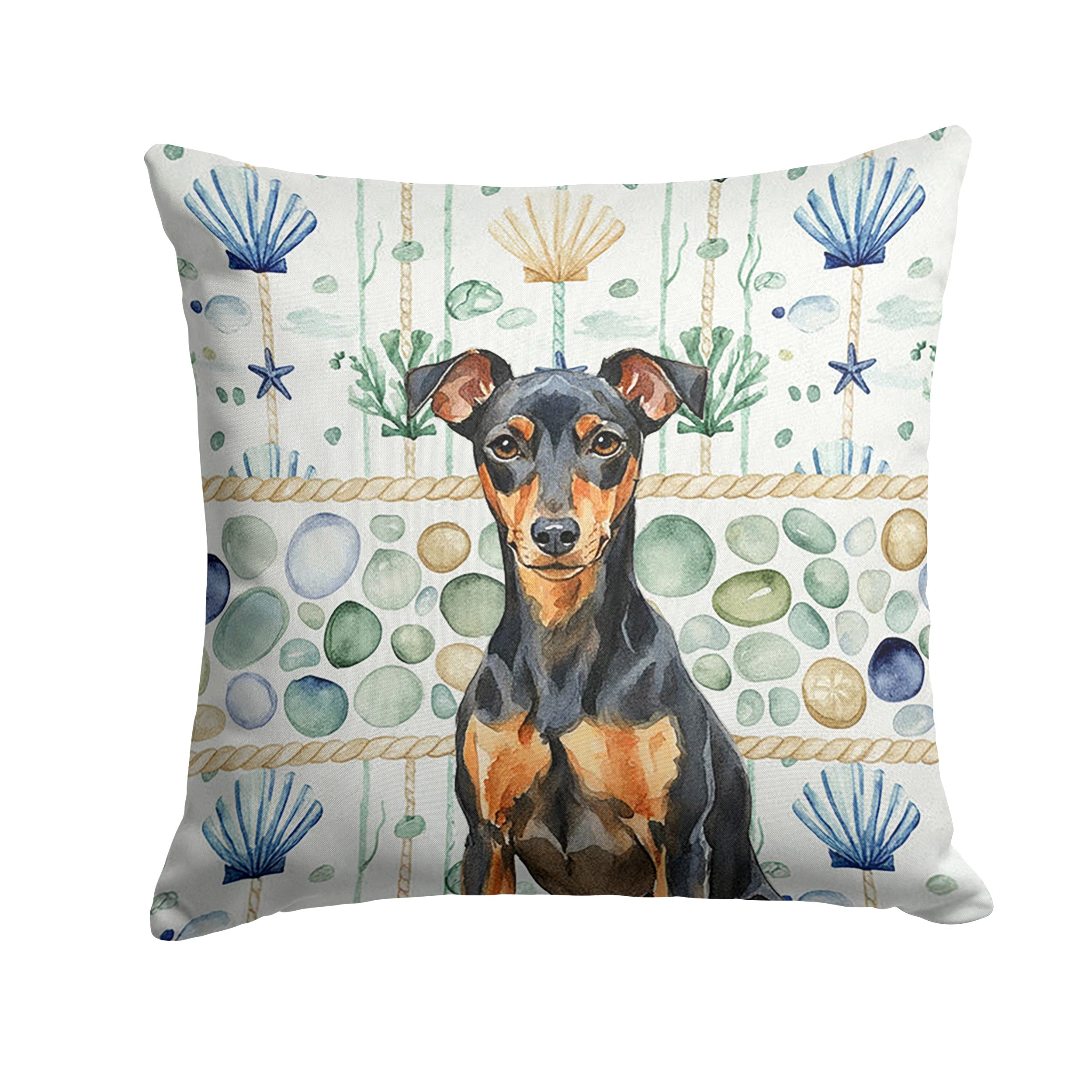 Manchester Terrier Coastal Sea Glass Decorative Throw Pillow 14x14 Indoor Outdoor Accent Cushion, Fabric Cover with Insert for Sofa, Bed, Porch & Living Room