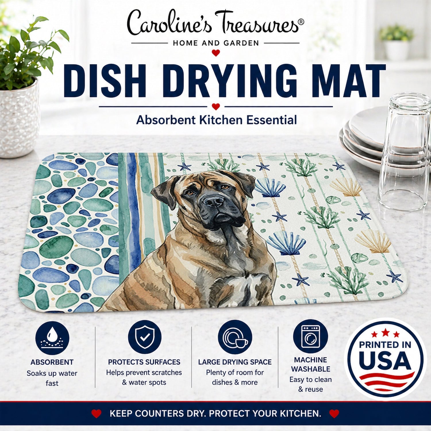 Brindle Mastiff Coastal Sea Glass Dish Drying Mat Absorbent Dish Drying Mat Pad for Kitchen Counter Dish Drainer Mat for Countertop, 14 x 21", Multicolor