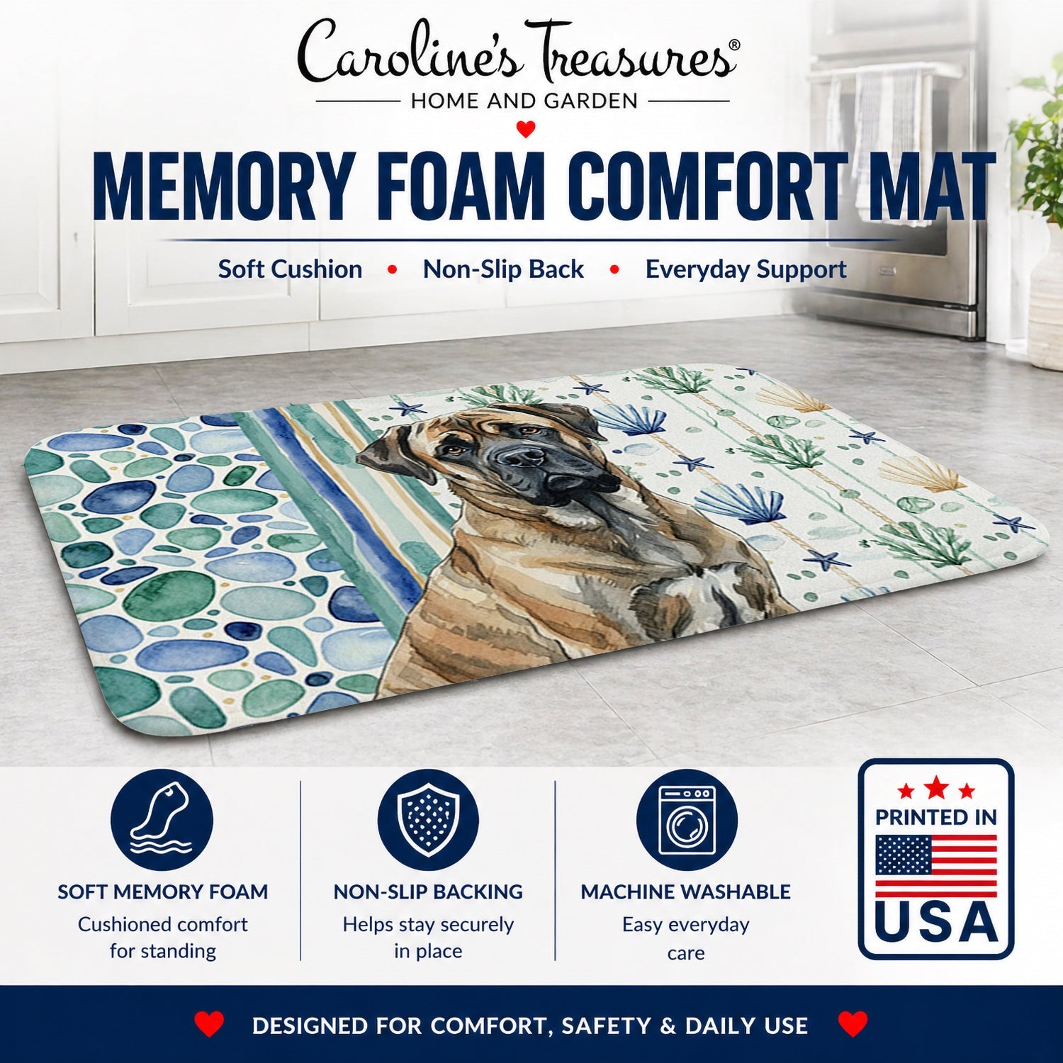 Brindle Mastiff Coastal Sea Glass Memory Foam Kitchen Mat Machine Washable Anti-Fatigue Cushion Comfort Bath or Kitchen Rug
