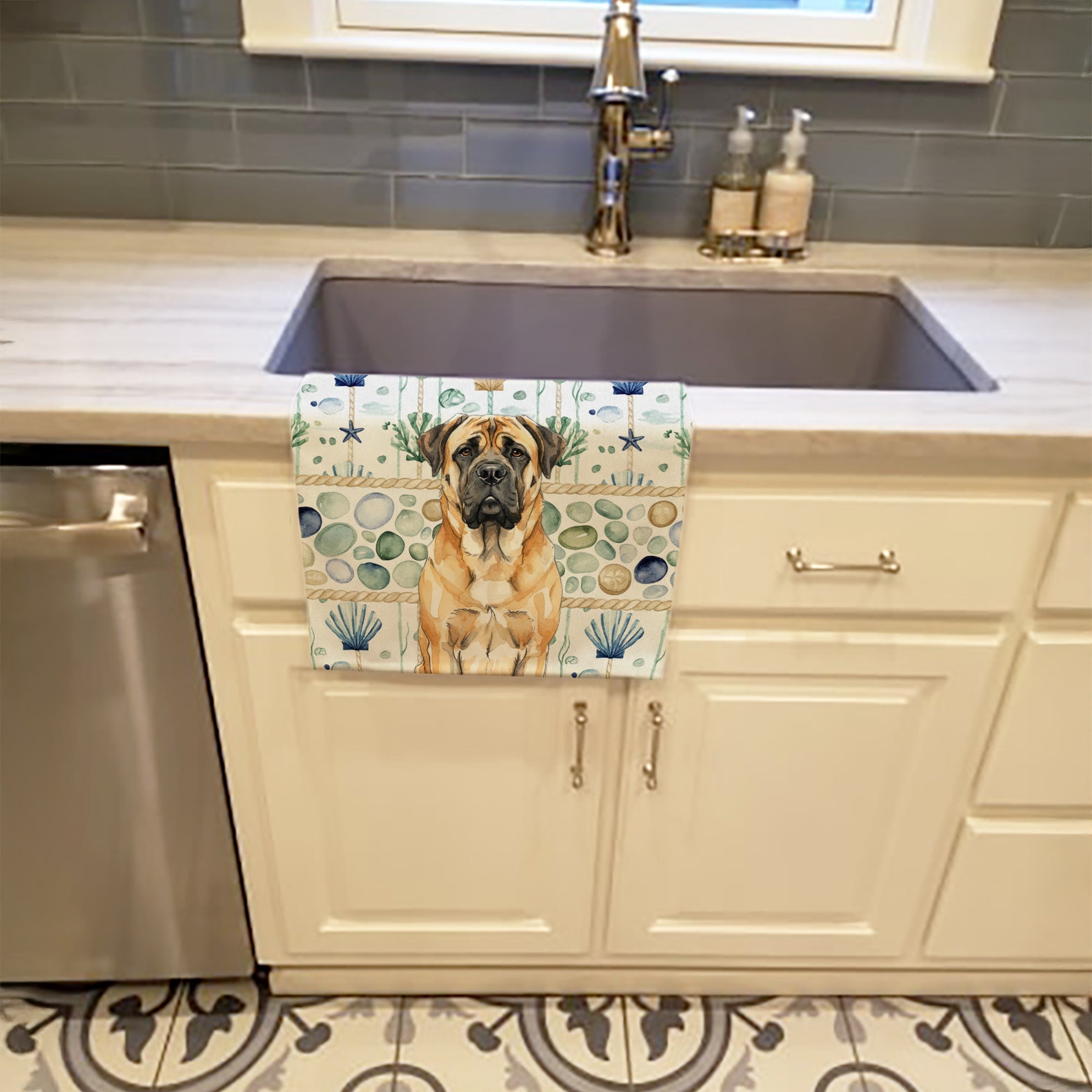 Fawn Mastiff Coastal Sea Glass Kitchen Towel Velour Plush Front and Cotton Loop Back Machine Washable