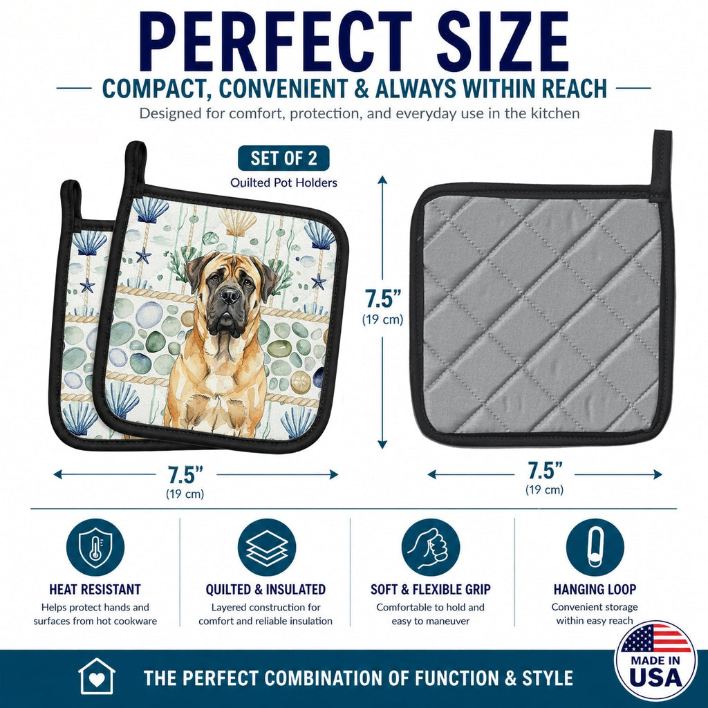 Fawn Mastiff Coastal Sea Glass Pot Holder Set of 2 Heat Resistant Quilted Hot Pads 7.5 x 7.5 Inch, Insulated Kitchen Trivets for Cooking & Baking