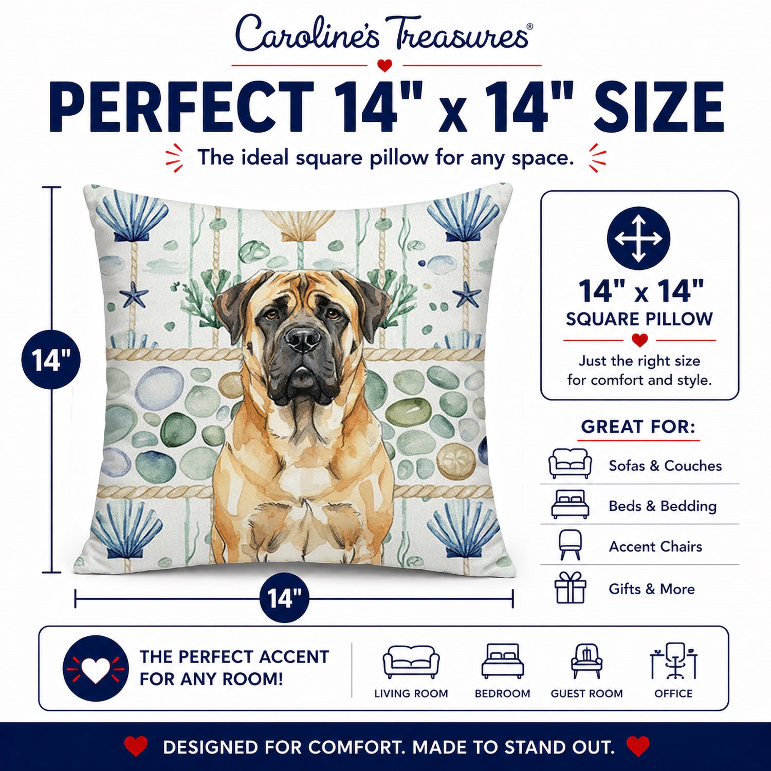 Fawn Mastiff Coastal Sea Glass Decorative Throw Pillow 14x14 Indoor Outdoor Accent Cushion, Fabric Cover with Insert for Sofa, Bed, Porch & Living Room
