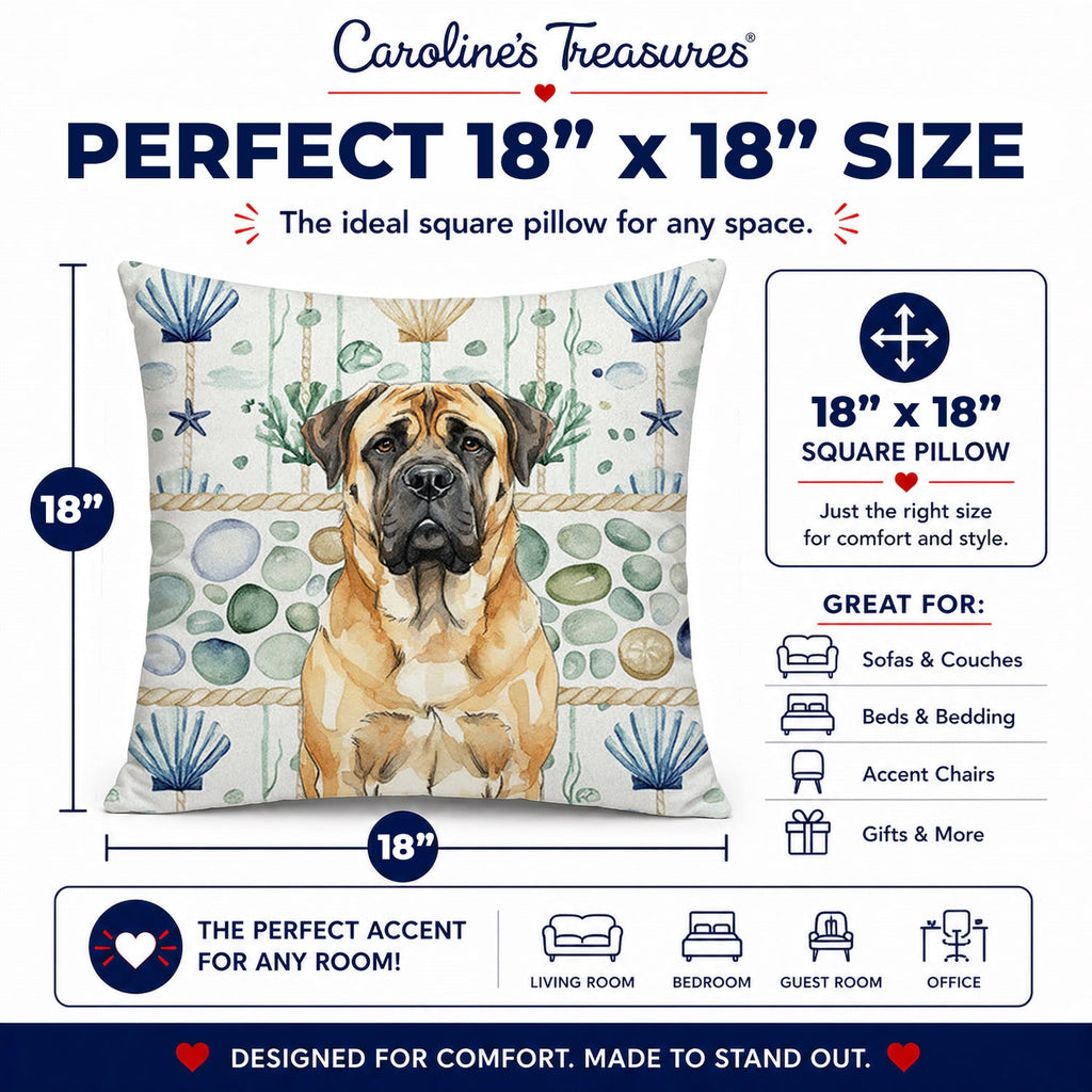 Fawn Mastiff Coastal Sea Glass Decorative Throw Pillow 18x18 Indoor Outdoor Accent Cushion, Fabric Cover with Insert for Sofa, Bed, Porch & Living Room