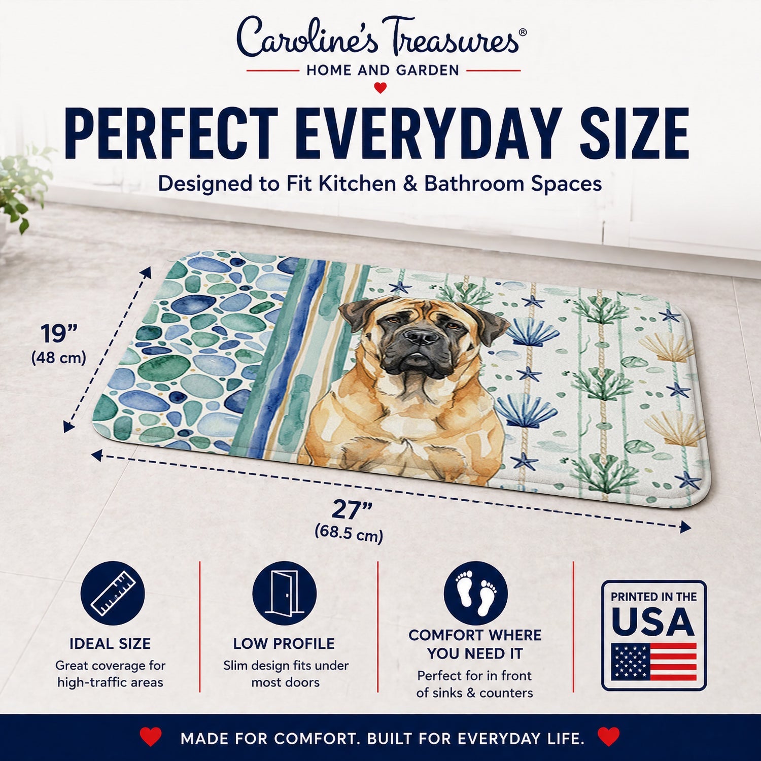 Fawn Mastiff Coastal Sea Glass Memory Foam Kitchen Mat Machine Washable Anti-Fatigue Cushion Comfort Bath or Kitchen Rug