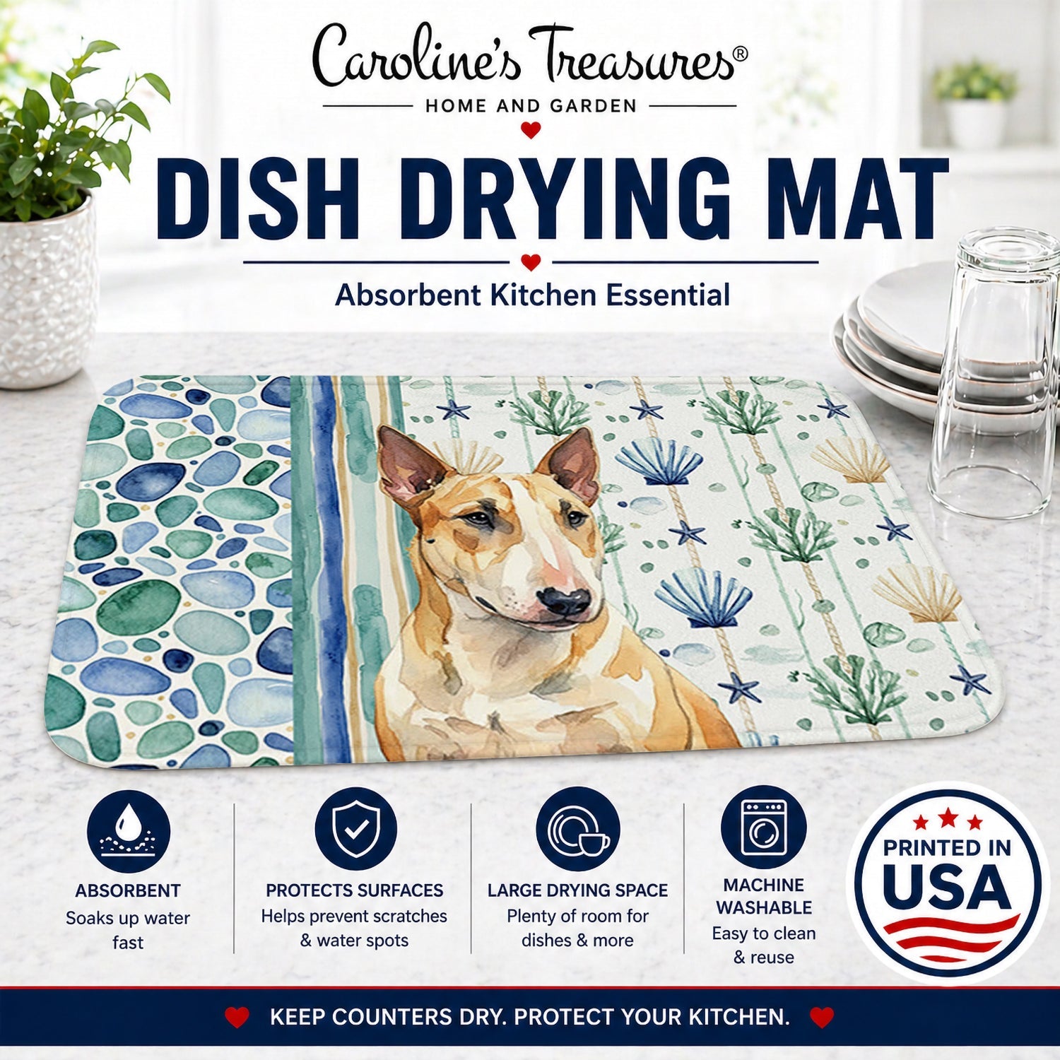 Miniature Bull Terrier Coastal Sea Glass Dish Drying Mat Absorbent Dish Drying Mat Pad for Kitchen Counter Dish Drainer Mat for Countertop, 14 x 21", Multicolor