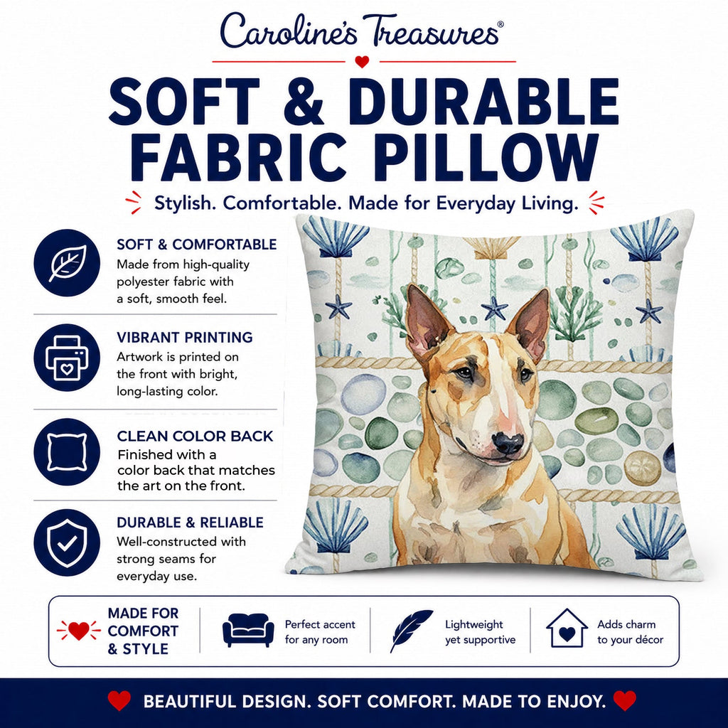 Miniature Bull Terrier Coastal Sea Glass Decorative Throw Pillow 14x14 Indoor Outdoor Accent Cushion, Fabric Cover with Insert for Sofa, Bed, Porch & Living Room