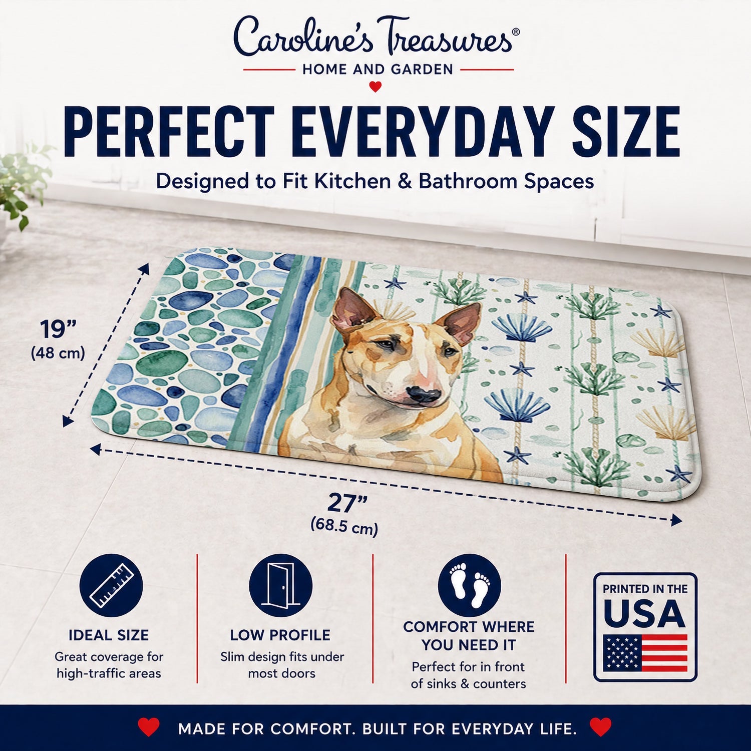 Miniature Bull Terrier Coastal Sea Glass Memory Foam Kitchen Mat Machine Washable Anti-Fatigue Cushion Comfort Bath or Kitchen Rug