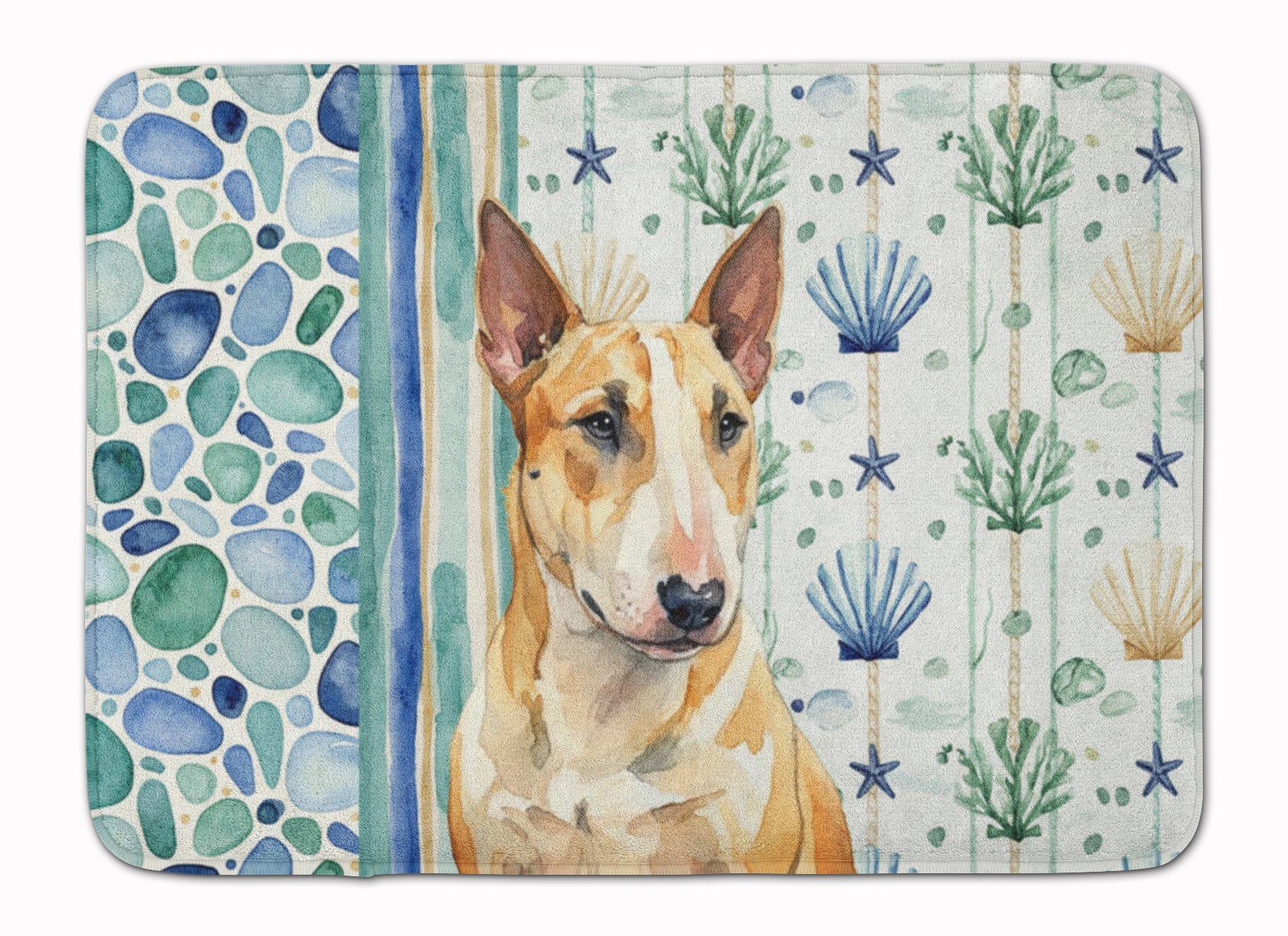 Miniature Bull Terrier Coastal Sea Glass Memory Foam Kitchen Mat Machine Washable Anti-Fatigue Cushion Comfort Bath or Kitchen Rug