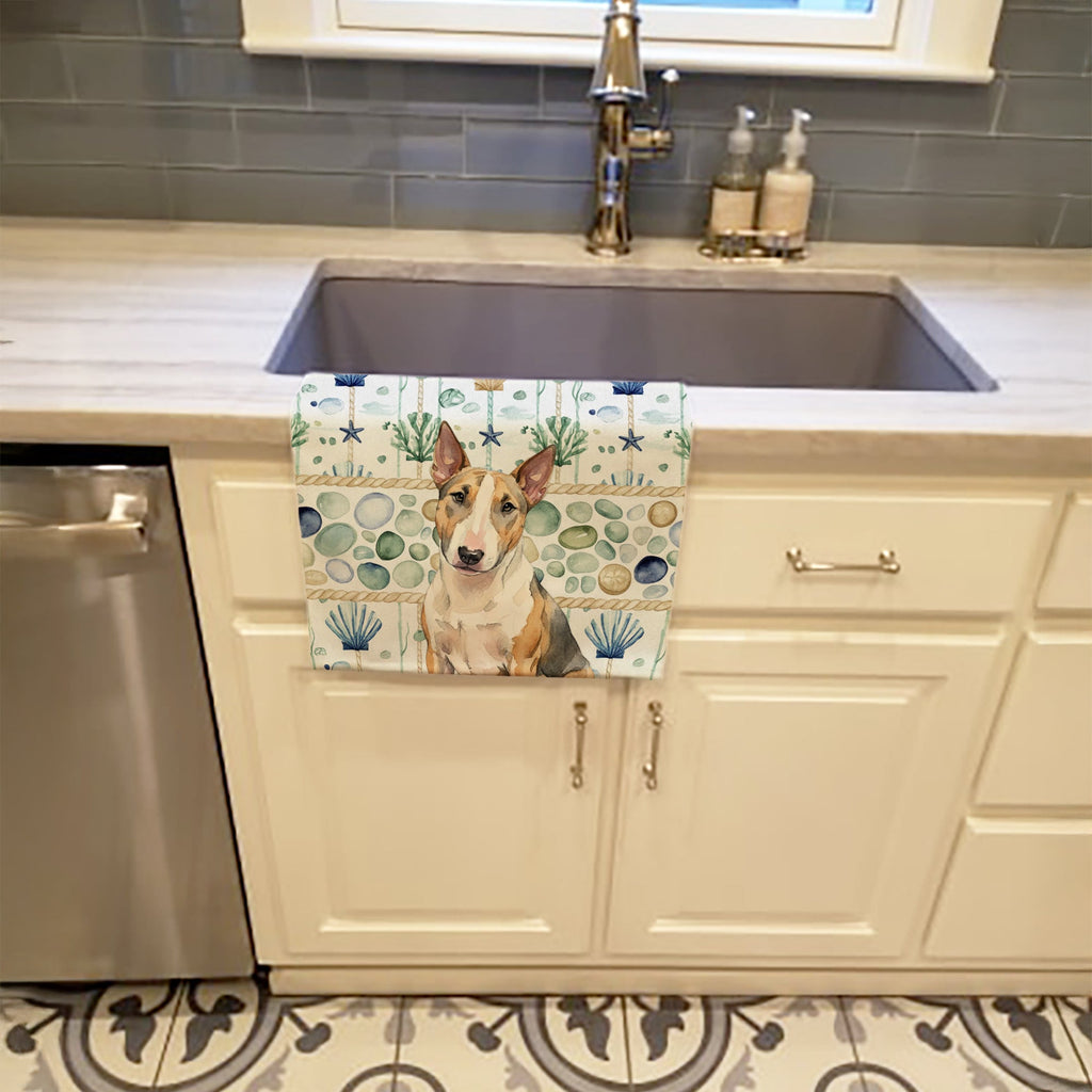 Tricolor Miniature Bull Terrier Coastal Sea Glass Kitchen Towel Velour Plush Front and Cotton Loop Back Machine Washable