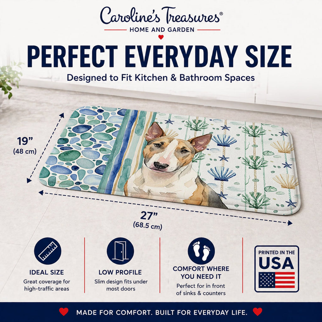 Tricolor Miniature Bull Terrier Coastal Sea Glass Memory Foam Kitchen Mat Machine Washable Anti-Fatigue Cushion Comfort Bath or Kitchen Rug
