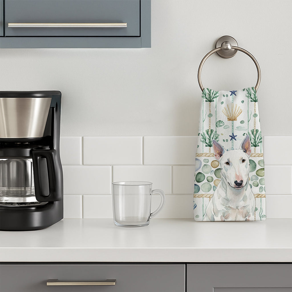 White Miniature Bull Terrier Coastal Sea Glass Kitchen Towel Velour Plush Front and Cotton Loop Back Machine Washable