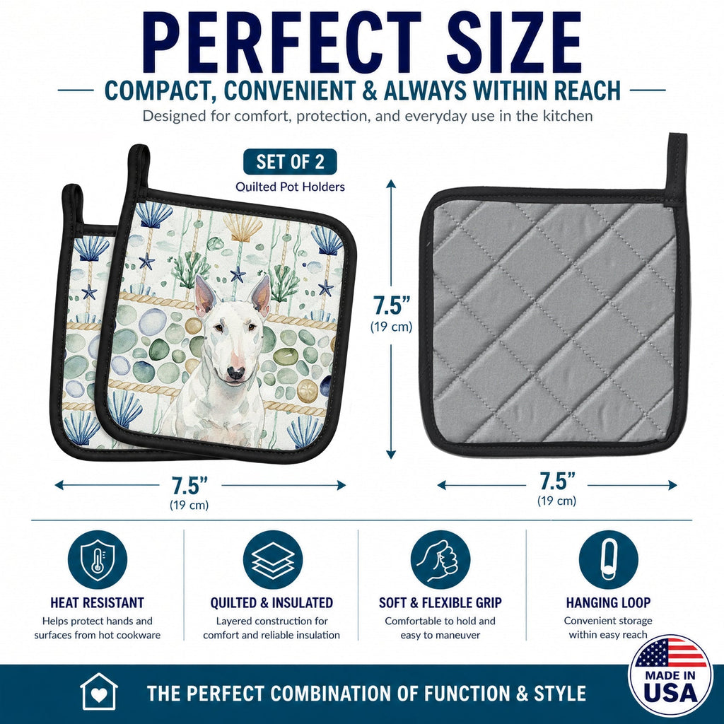 White Miniature Bull Terrier Coastal Sea Glass Pot Holder Set of 2 Heat Resistant Quilted Hot Pads 7.5 x 7.5 Inch, Insulated Kitchen Trivets for Cooking & Baking
