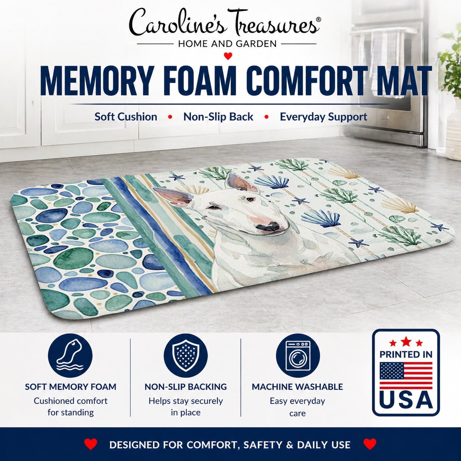 White Miniature Bull Terrier Coastal Sea Glass Memory Foam Kitchen Mat Machine Washable Anti-Fatigue Cushion Comfort Bath or Kitchen Rug