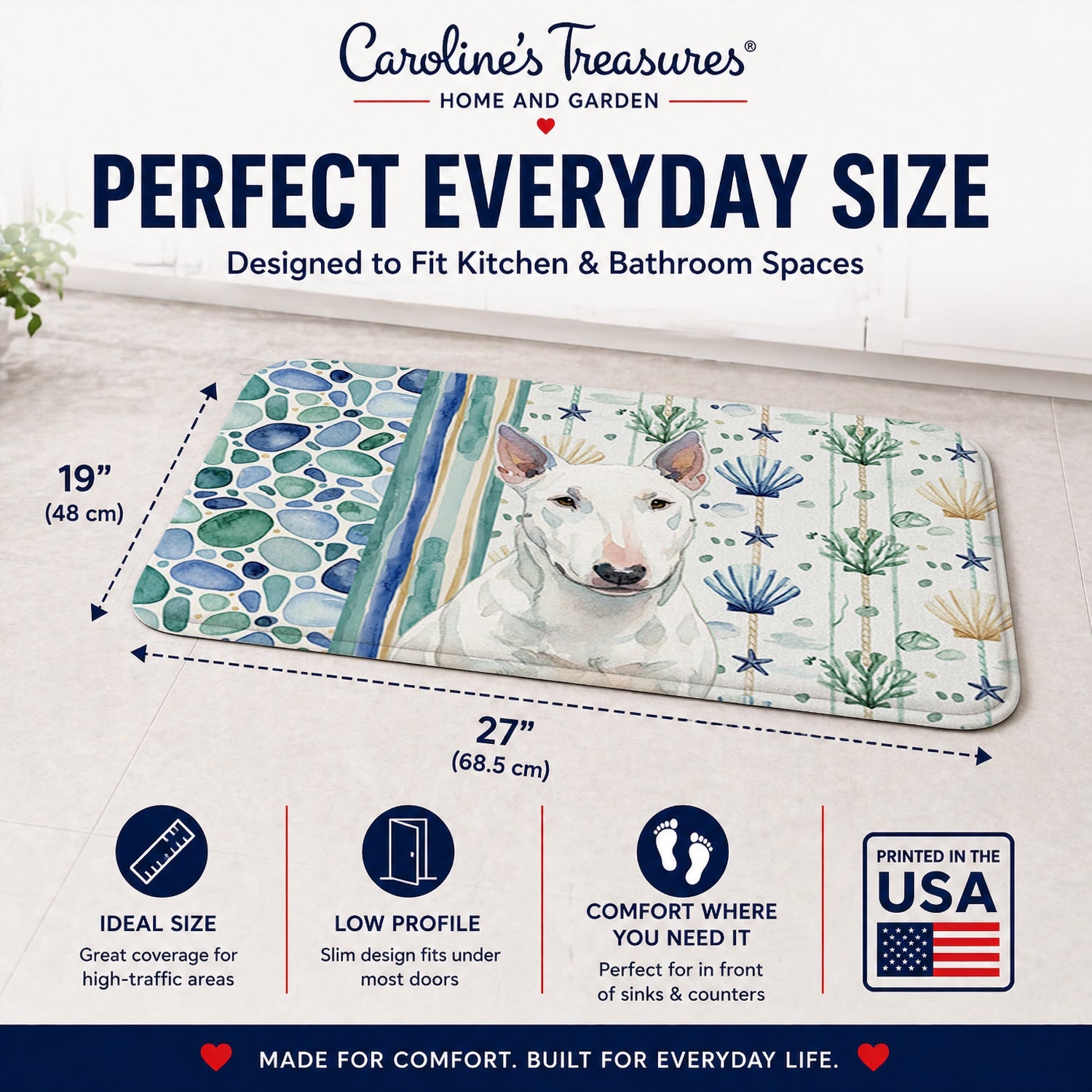 White Miniature Bull Terrier Coastal Sea Glass Memory Foam Kitchen Mat Machine Washable Anti-Fatigue Cushion Comfort Bath or Kitchen Rug