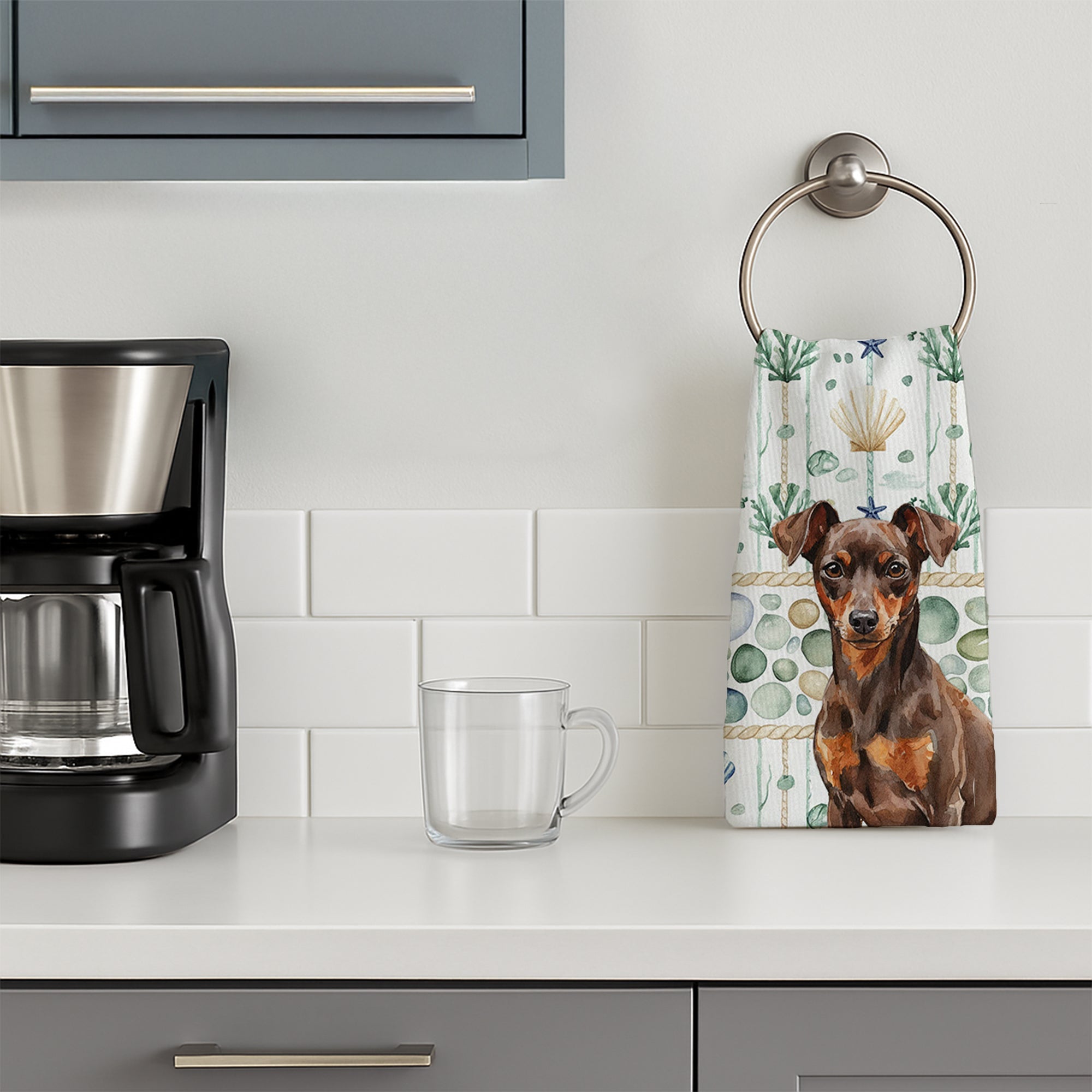 Chocolate and Rust Miniature Pinscher Min Pin Coastal Sea Glass Kitchen Towel Velour Plush Front and Cotton Loop Back Machine Washable