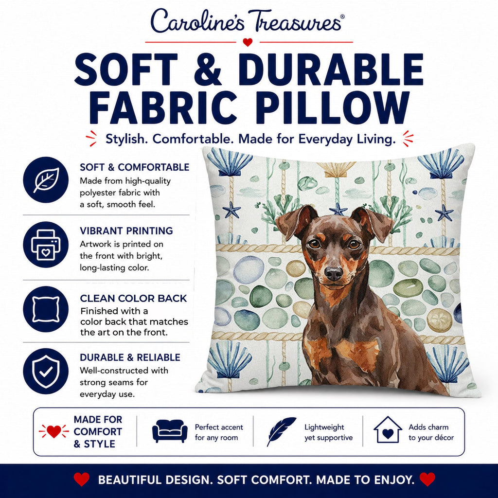 Chocolate and Rust Miniature Pinscher Min Pin Coastal Sea Glass Decorative Throw Pillow 14x14 Indoor Outdoor Accent Cushion, Fabric Cover with Insert for Sofa, Bed, Porch & Living Room