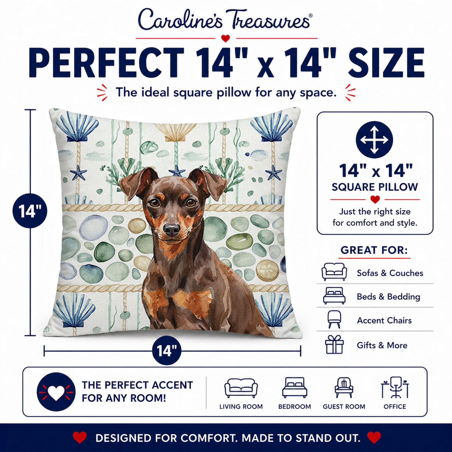 Chocolate and Rust Miniature Pinscher Min Pin Coastal Sea Glass Decorative Throw Pillow 14x14 Indoor Outdoor Accent Cushion, Fabric Cover with Insert for Sofa, Bed, Porch & Living Room