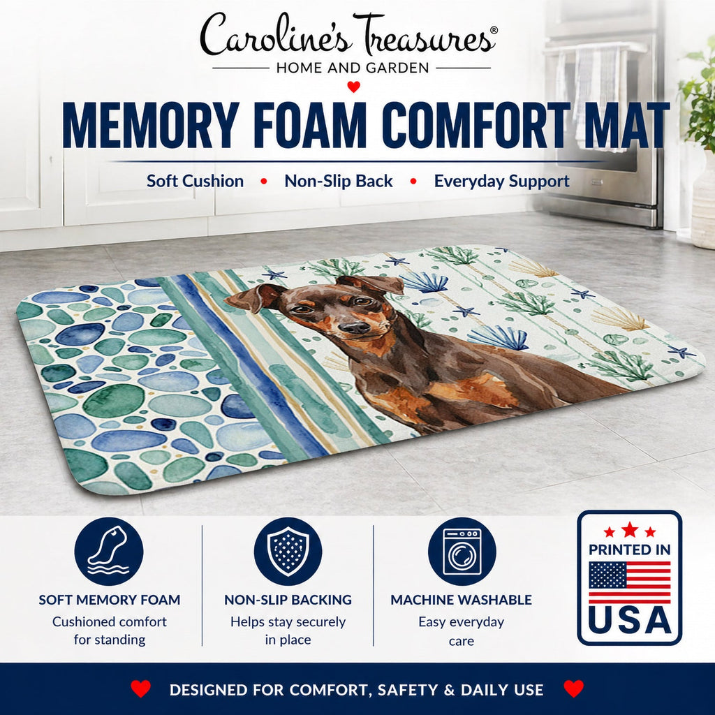 Chocolate and Rust Miniature Pinscher Min Pin Coastal Sea Glass Memory Foam Kitchen Mat Machine Washable Anti-Fatigue Cushion Comfort Bath or Kitchen Rug