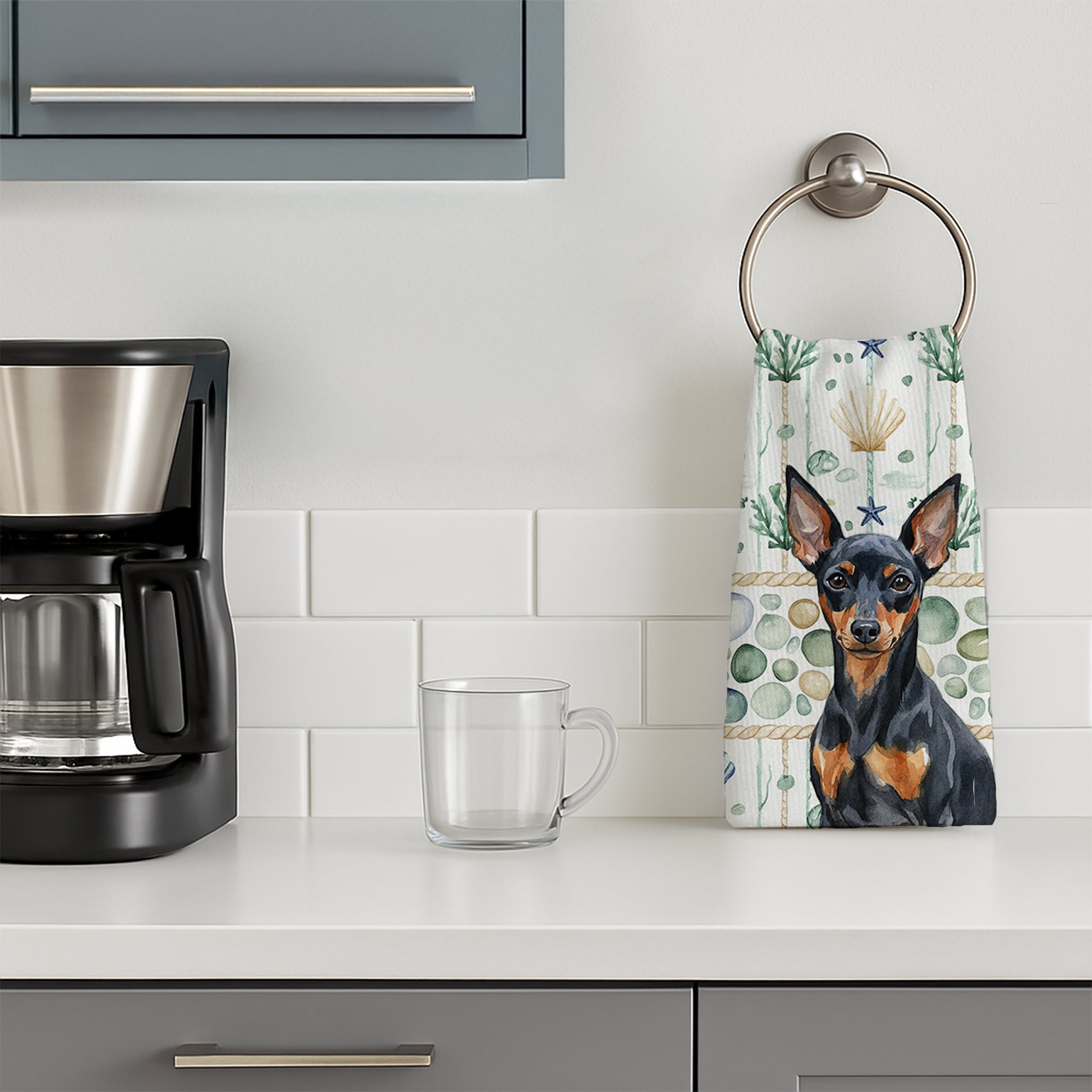 Black and Tan Miniature Pinscher Coastal Sea Glass Kitchen Towel Velour Plush Front and Cotton Loop Back Machine Washable
