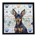 Black and Tan Miniature Pinscher Coastal Sea Glass Framed Metal Print Bathroom, Kitchen, Office, Home Decor Wall Art Ready to Hang, Square, 8X8