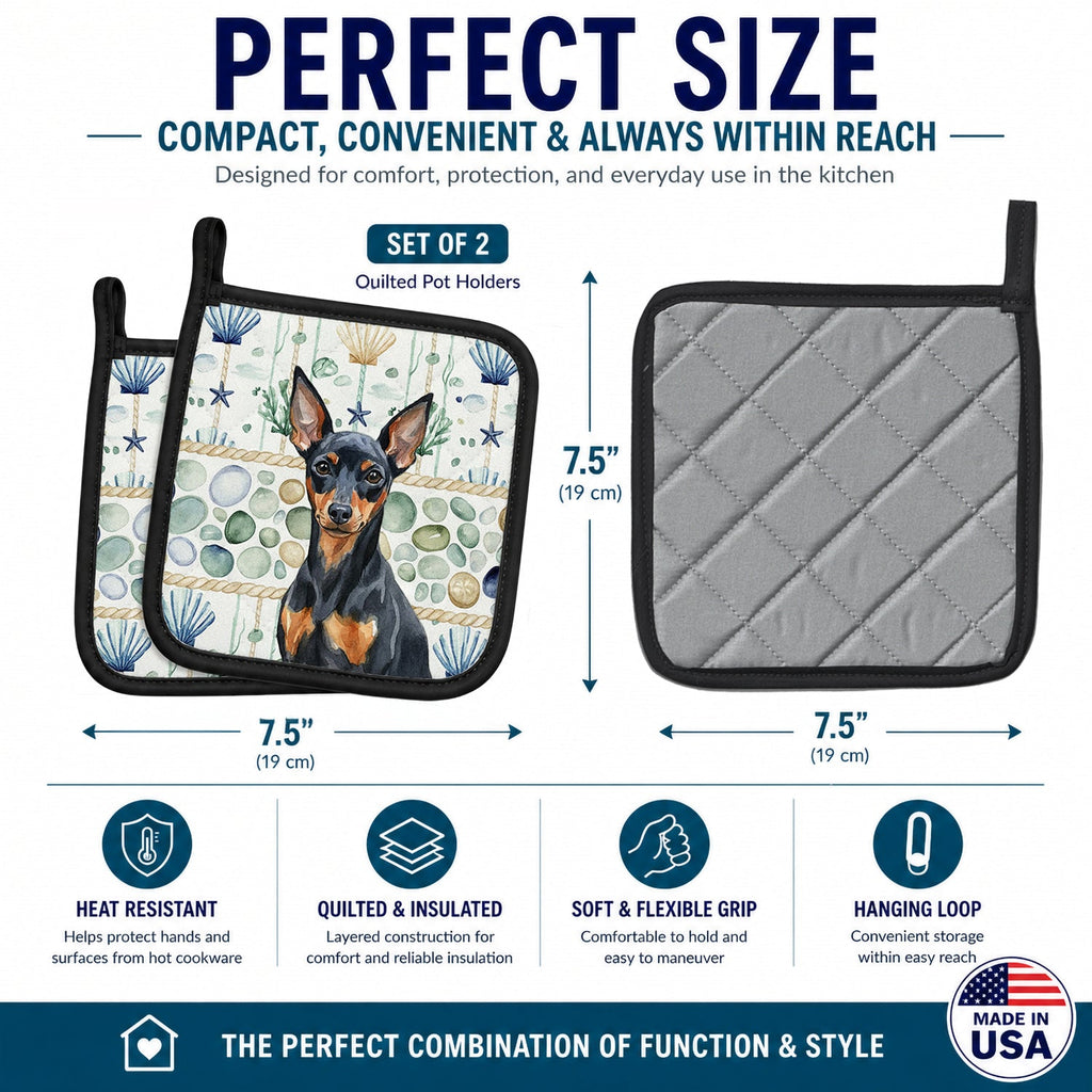 Black and Tan Miniature Pinscher Coastal Sea Glass Pot Holder Set of 2 Heat Resistant Quilted Hot Pads 7.5 x 7.5 Inch, Insulated Kitchen Trivets for Cooking & Baking