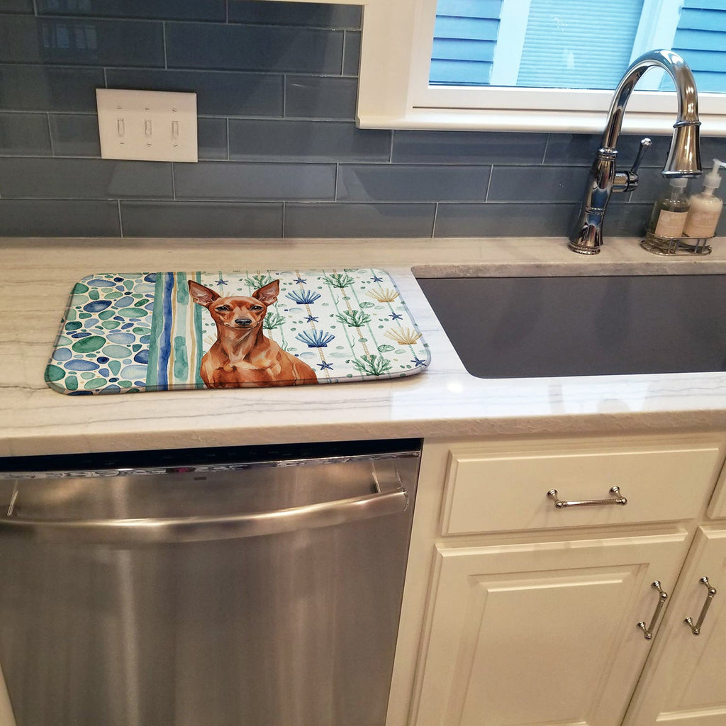 Red Miniature Pinscher Min Pin Coastal Sea Glass Dish Drying Mat Absorbent Dish Drying Mat Pad for Kitchen Counter Dish Drainer Mat for Countertop, 14 x 21", Multicolor