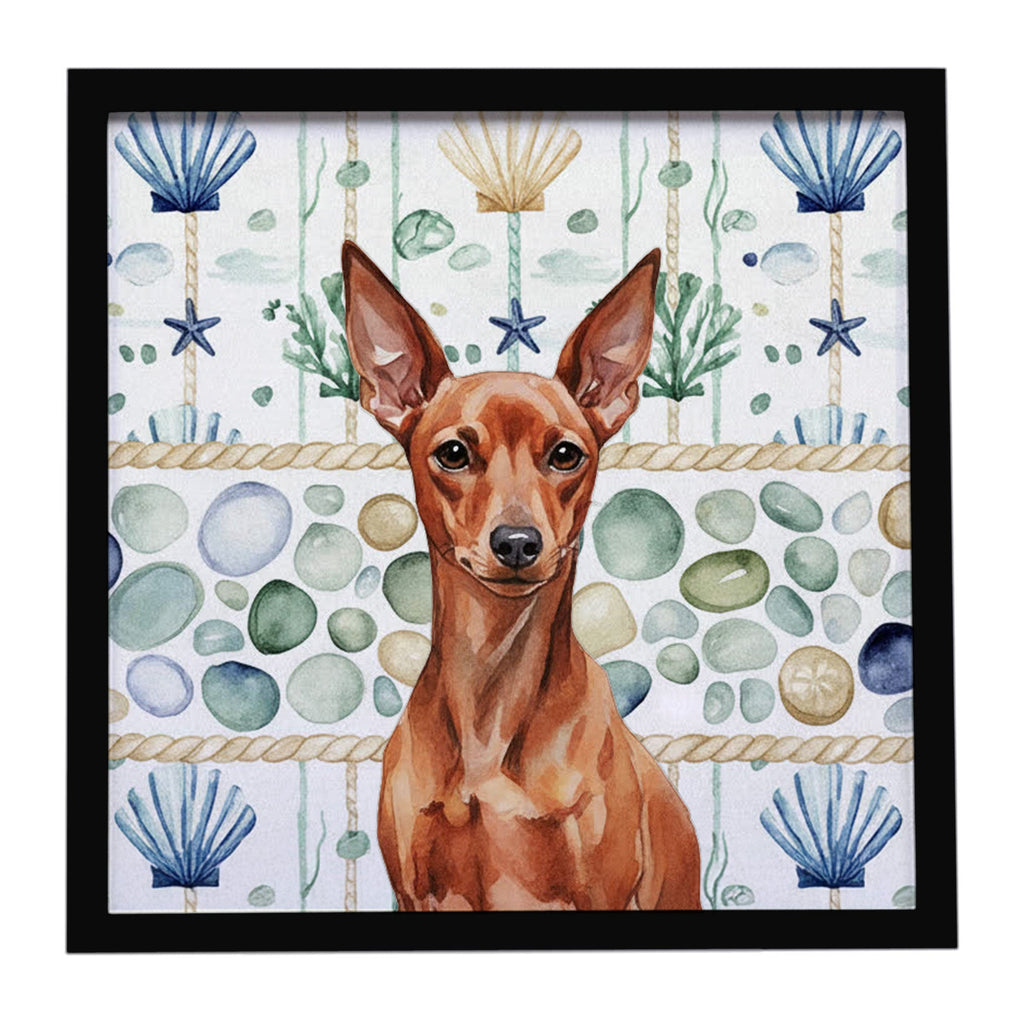 Red Miniature Pinscher Min Pin Coastal Sea Glass Framed Metal Print Bathroom, Kitchen, Office, Home Decor Wall Art Ready to Hang, Square, 8X8