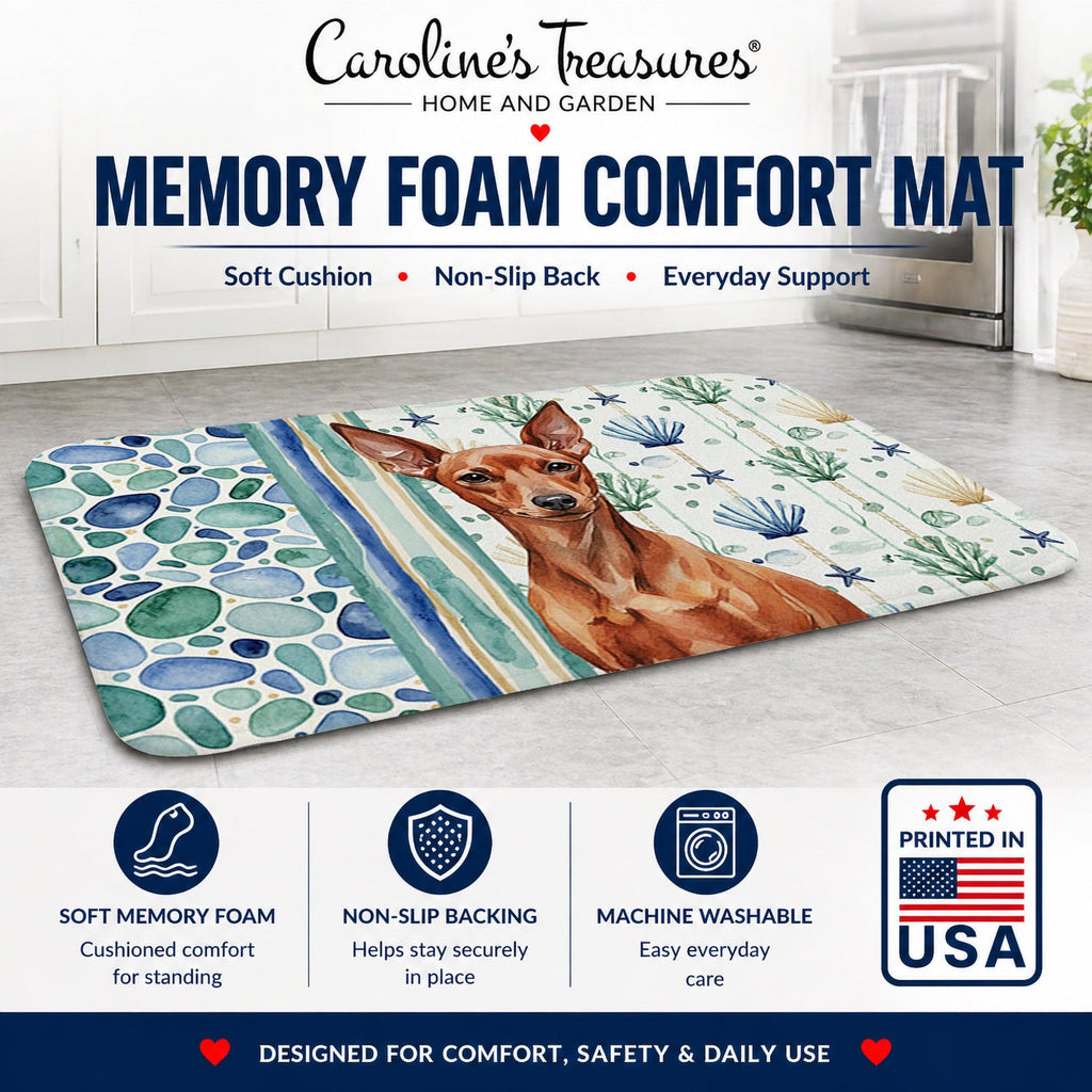 Red Miniature Pinscher Min Pin Coastal Sea Glass Memory Foam Kitchen Mat Machine Washable Anti-Fatigue Cushion Comfort Bath or Kitchen Rug