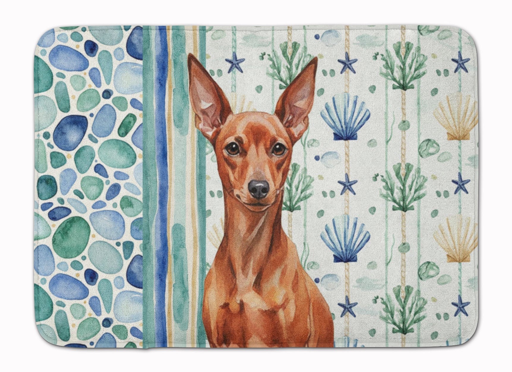 Red Miniature Pinscher Min Pin Coastal Sea Glass Memory Foam Kitchen Mat Machine Washable Anti-Fatigue Cushion Comfort Bath or Kitchen Rug