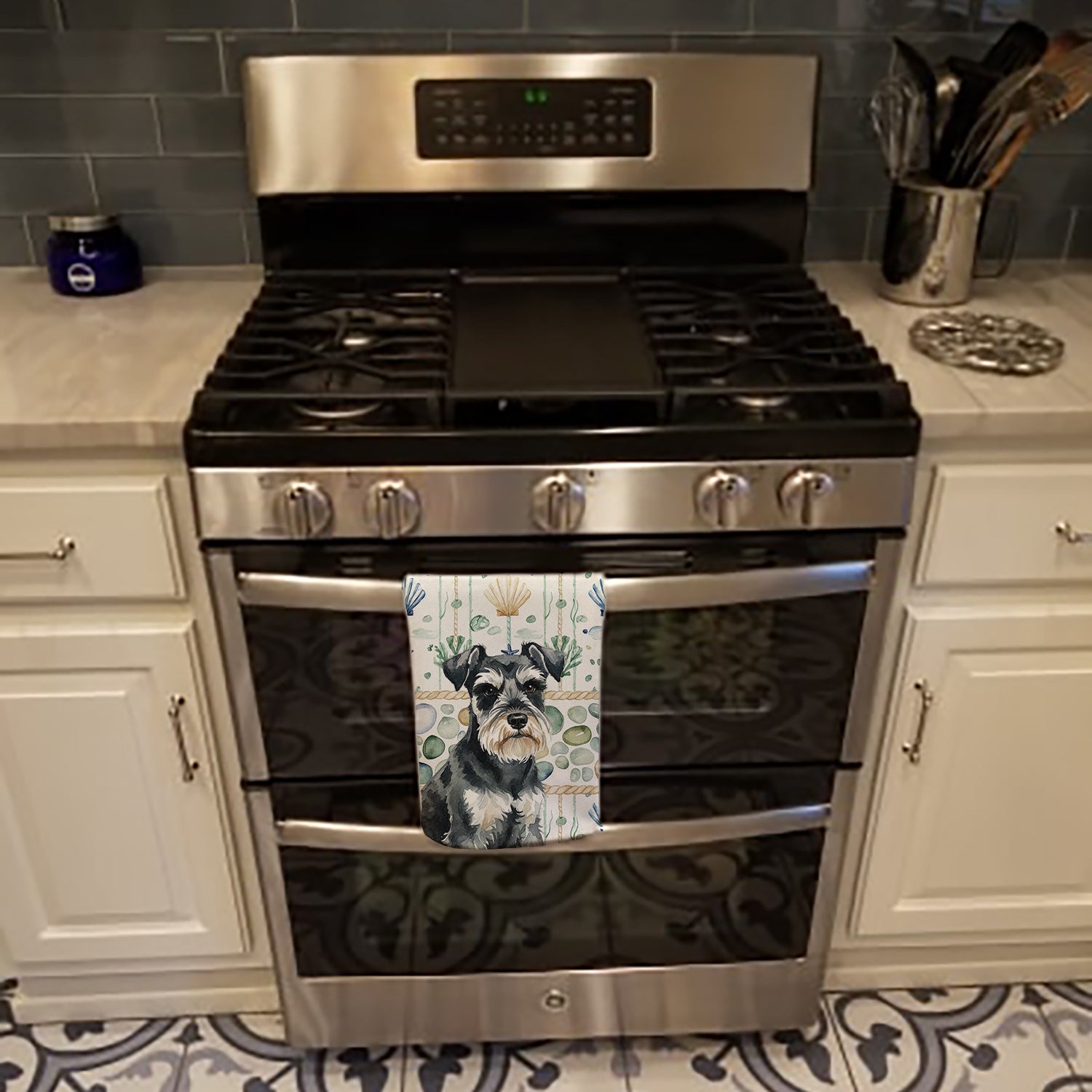 Black & Silver Miniature Schnauzer Coastal Sea Glass Kitchen Towel Velour Plush Front and Cotton Loop Back Machine Washable