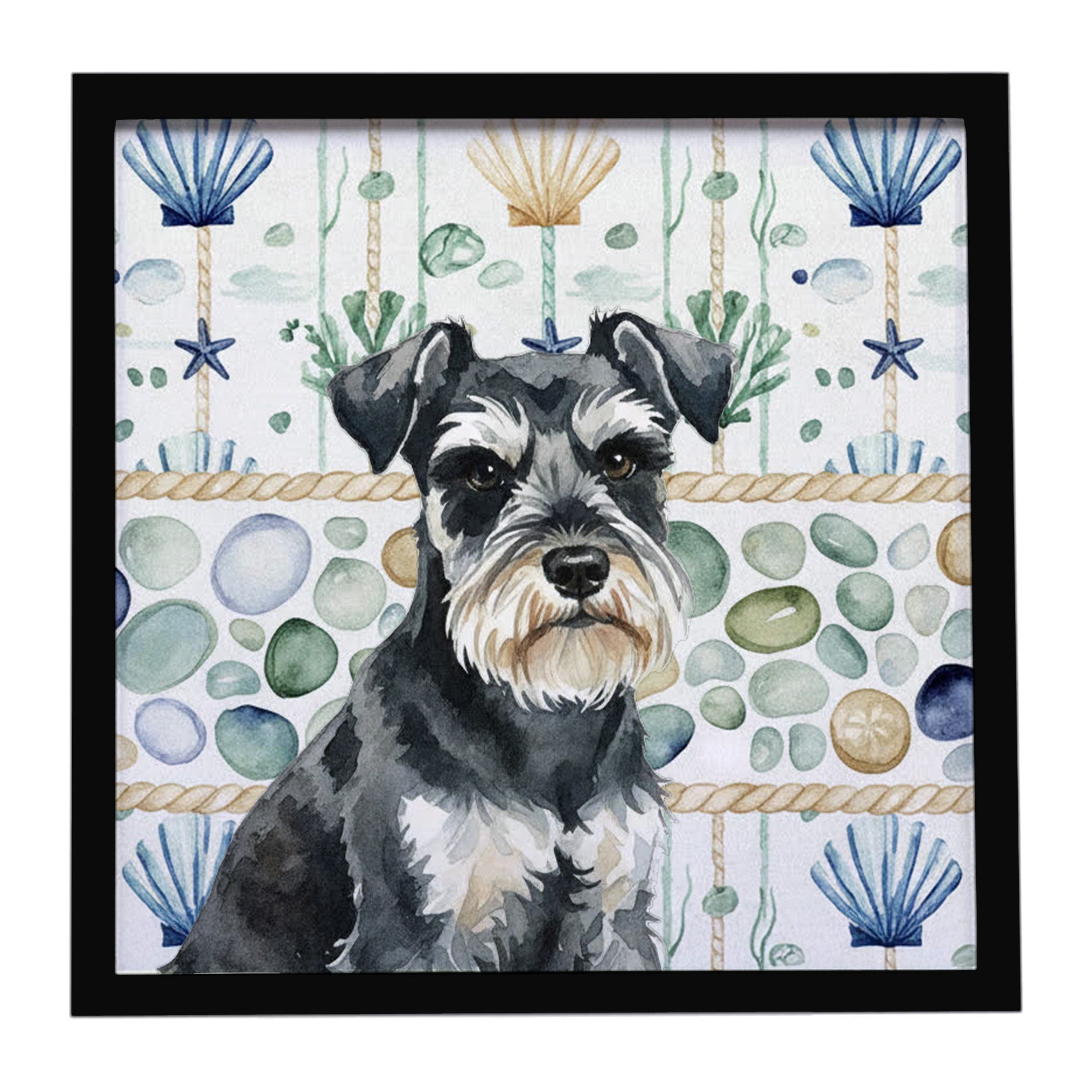 Black & Silver Miniature Schnauzer Coastal Sea Glass Framed Metal Print Bathroom, Kitchen, Office, Home Decor Wall Art Ready to Hang, Square, 8X8