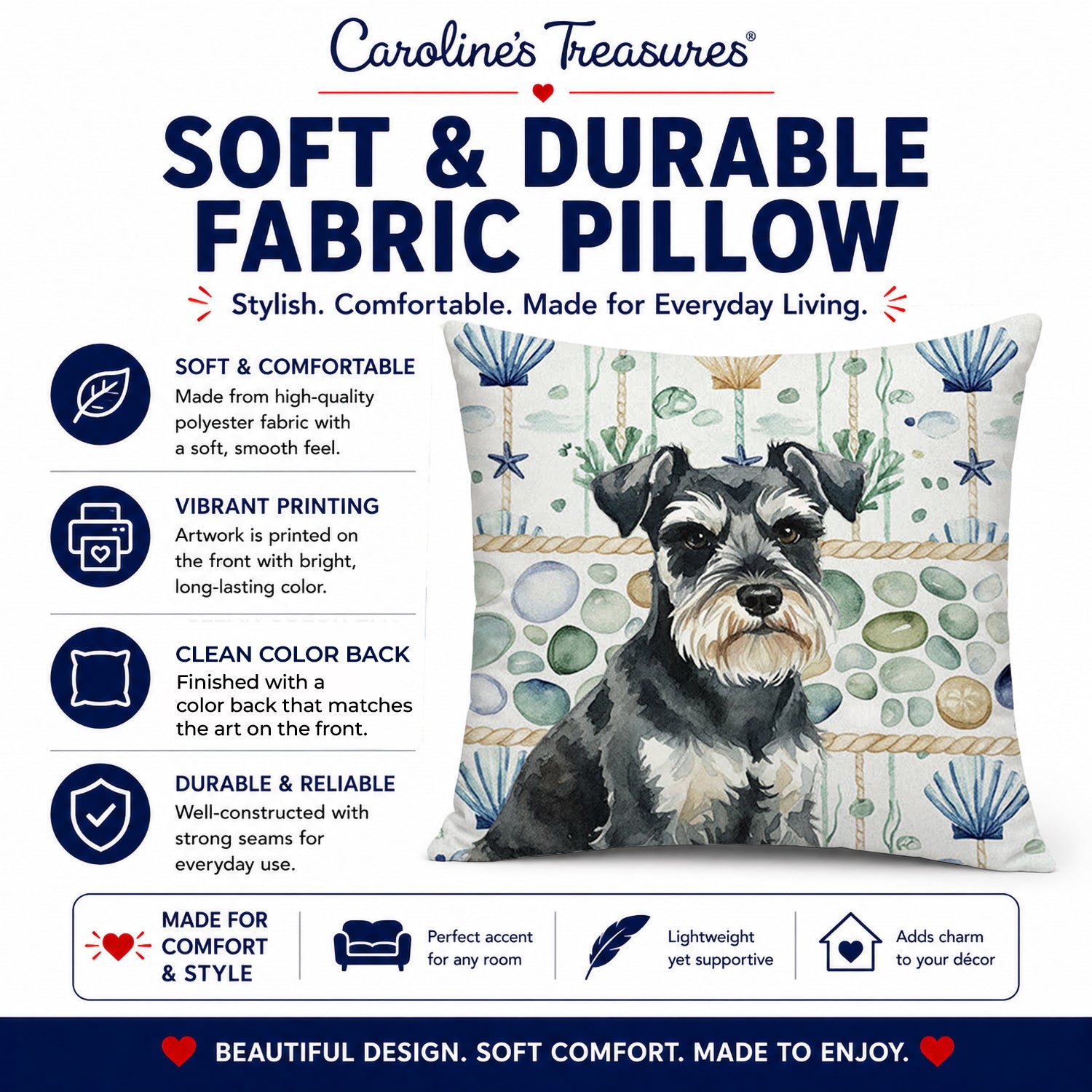Black & Silver Miniature Schnauzer Coastal Sea Glass Decorative Throw Pillow 14x14 Indoor Outdoor Accent Cushion, Fabric Cover with Insert for Sofa, Bed, Porch & Living Room