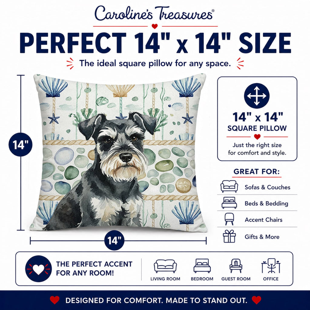 Black & Silver Miniature Schnauzer Coastal Sea Glass Decorative Throw Pillow 14x14 Indoor Outdoor Accent Cushion, Fabric Cover with Insert for Sofa, Bed, Porch & Living Room